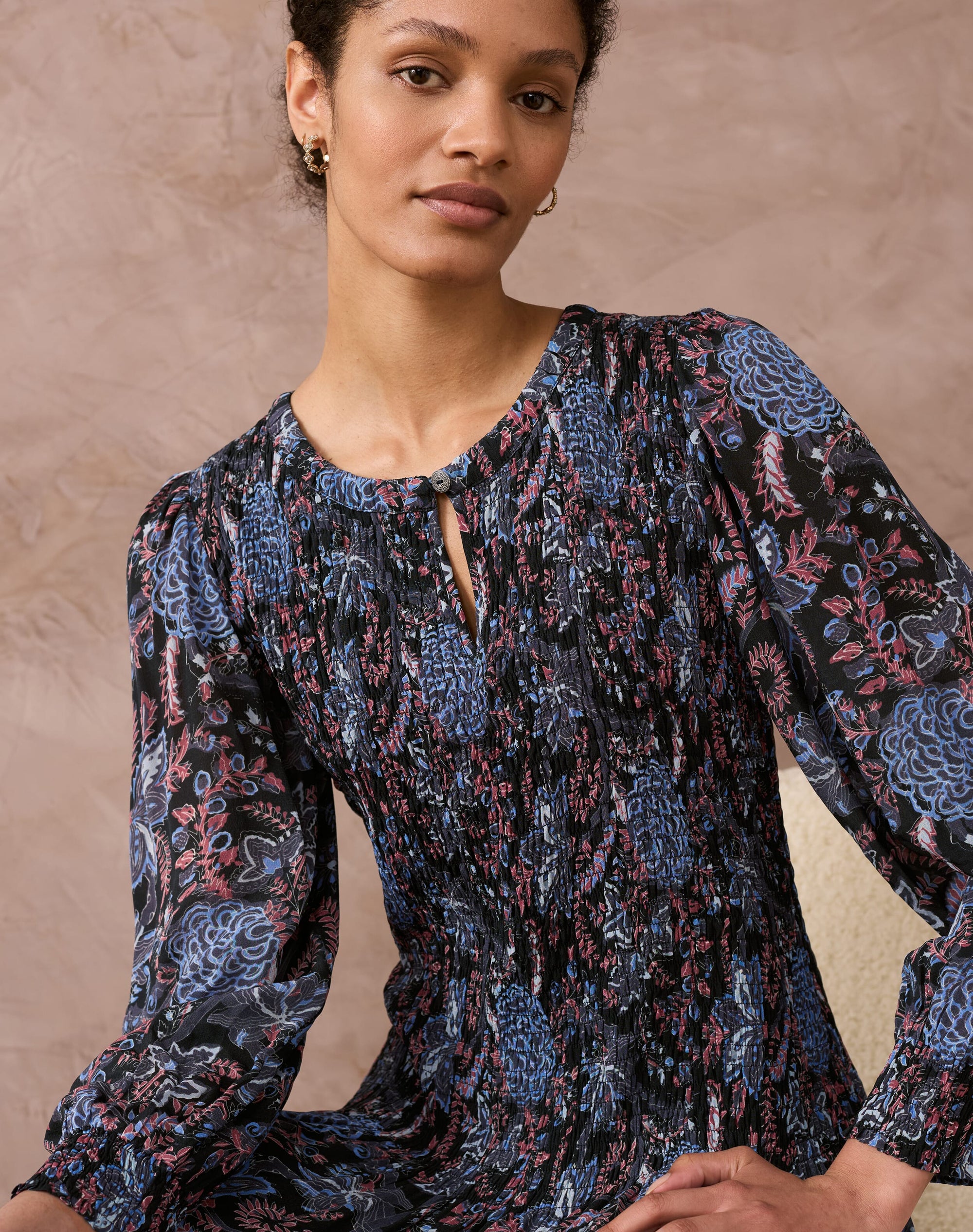 Botanical Print Shirred Dress