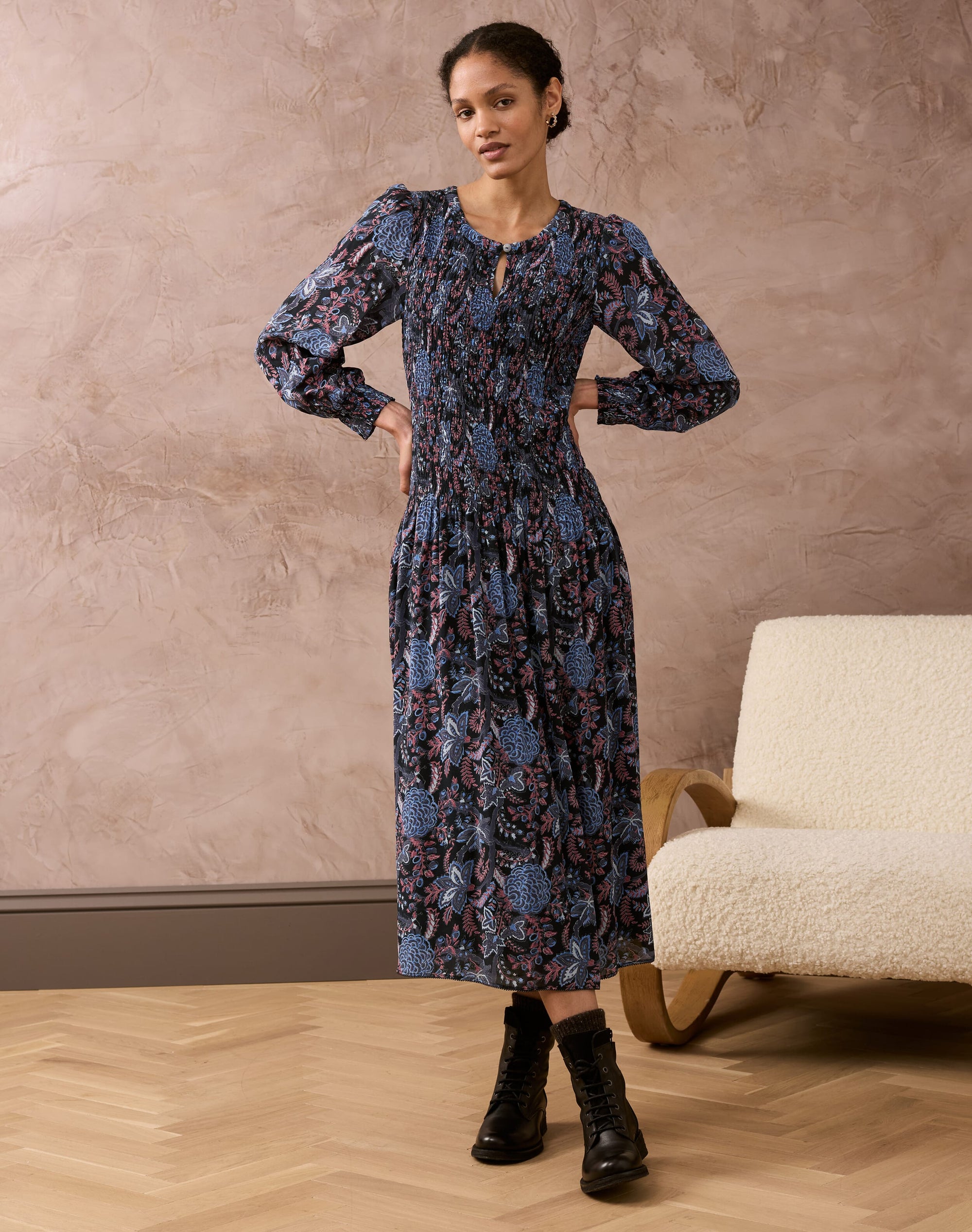 Botanical Print Shirred Dress