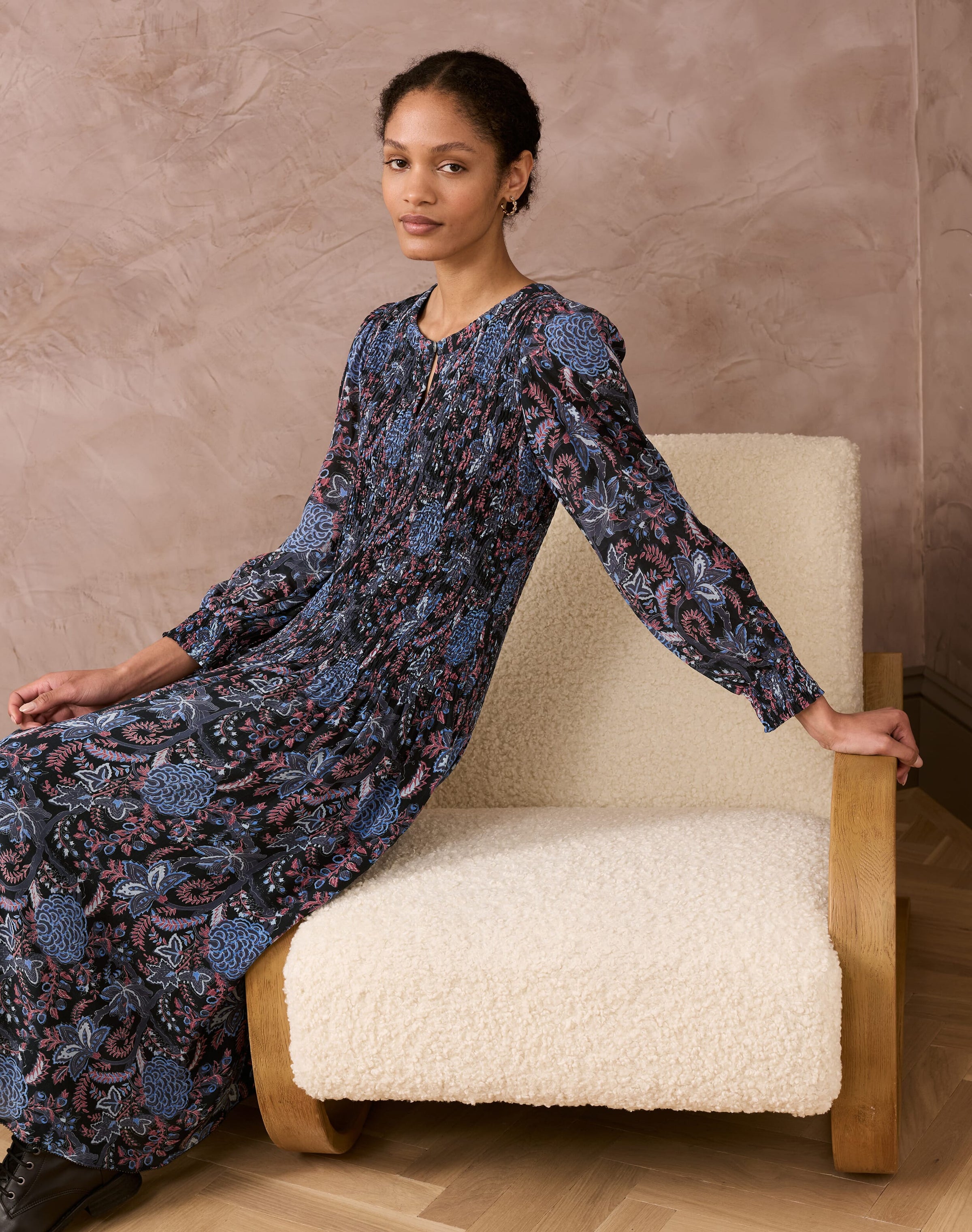Botanical Print Shirred Dress