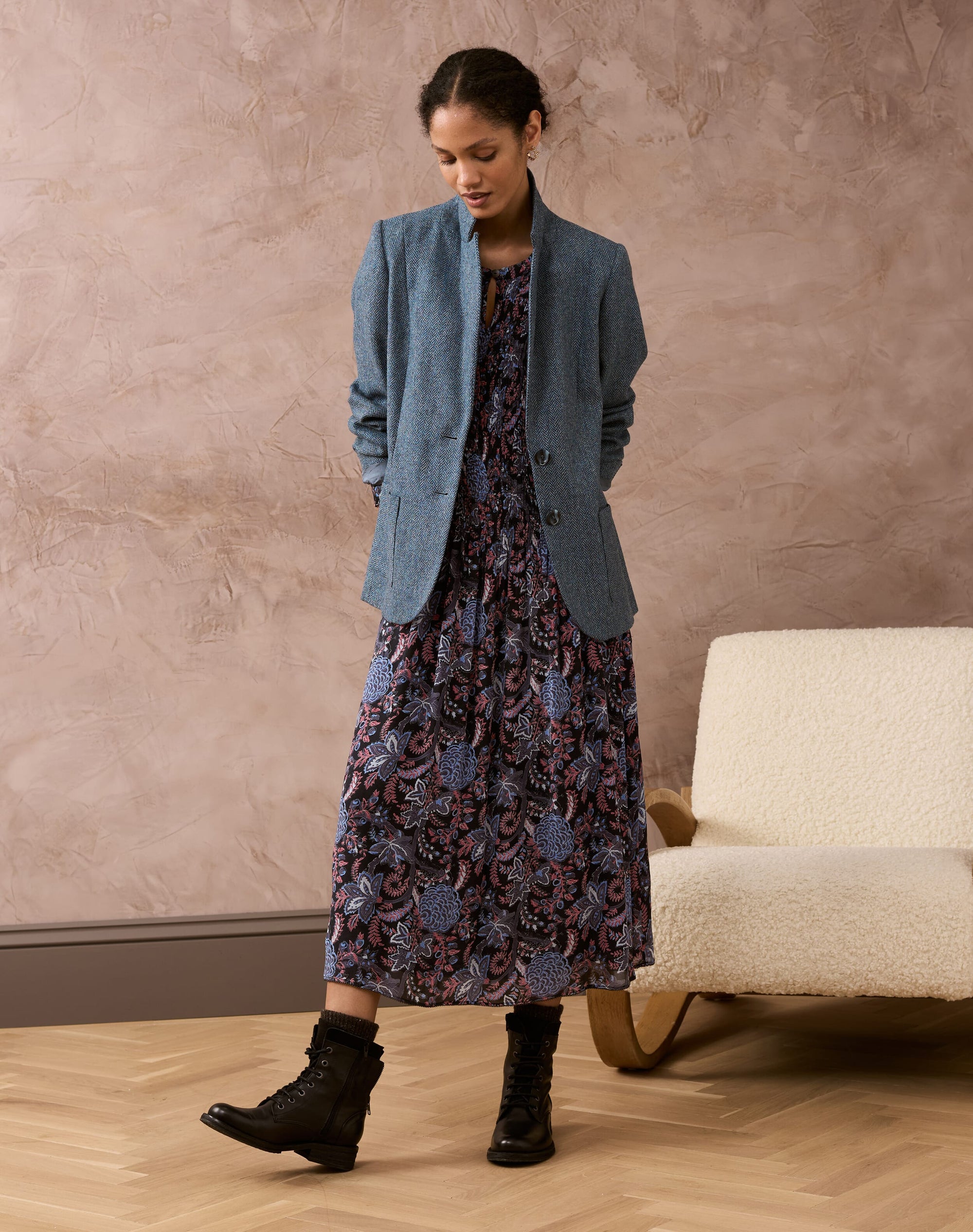 Botanical Print Shirred Dress