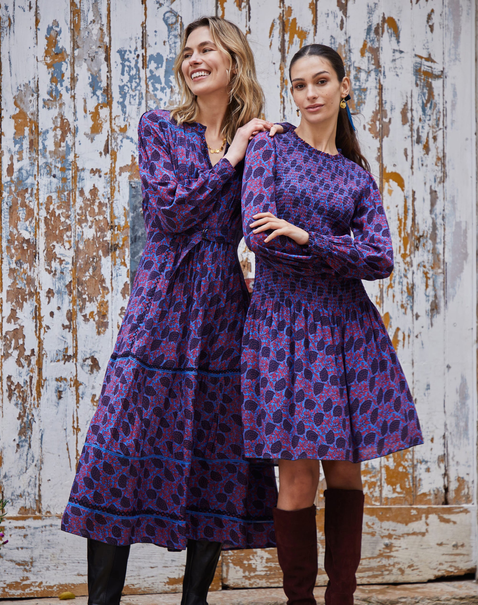 Floral Fan Print Shirred Dress