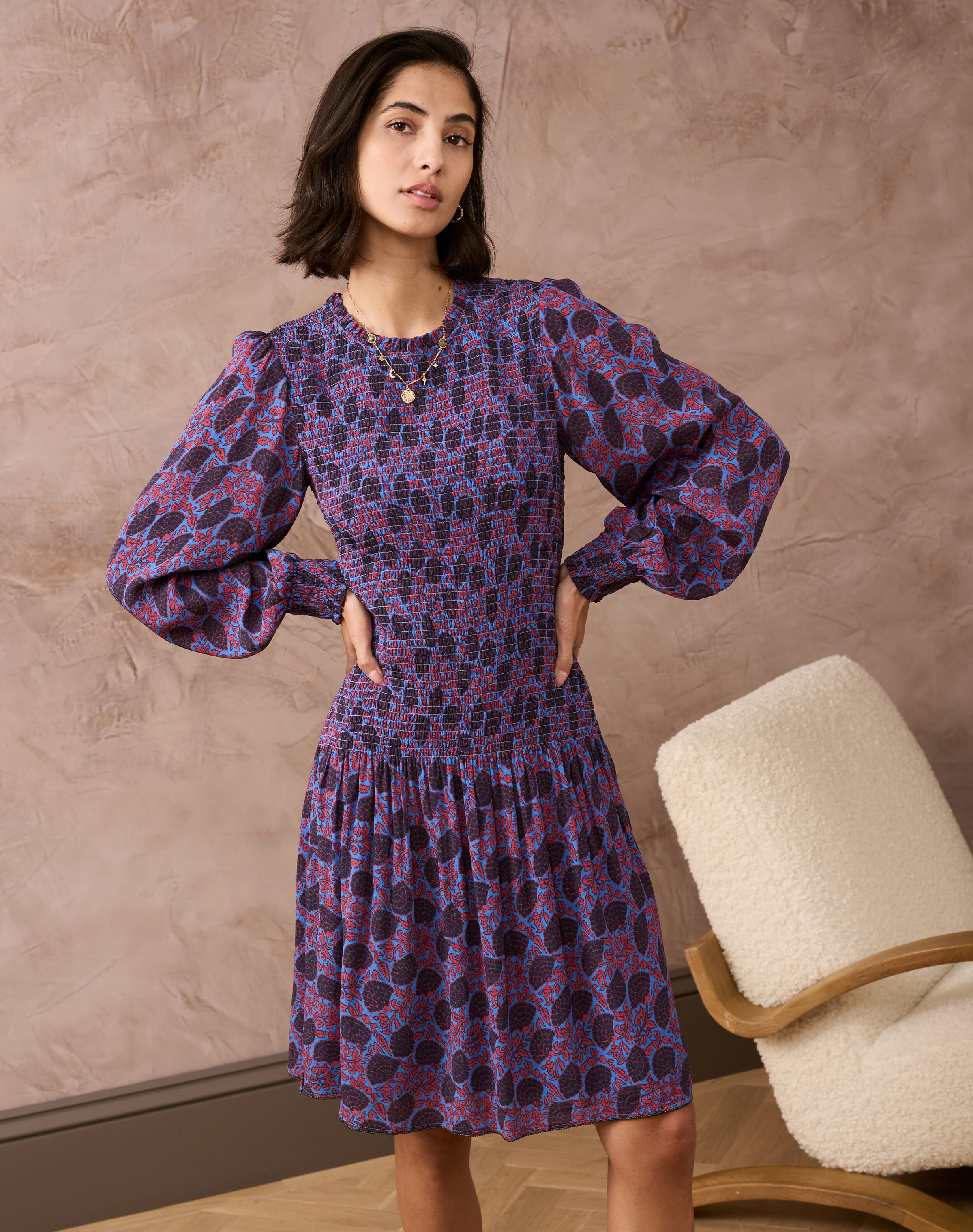 Floral Fan Print Shirred Dress