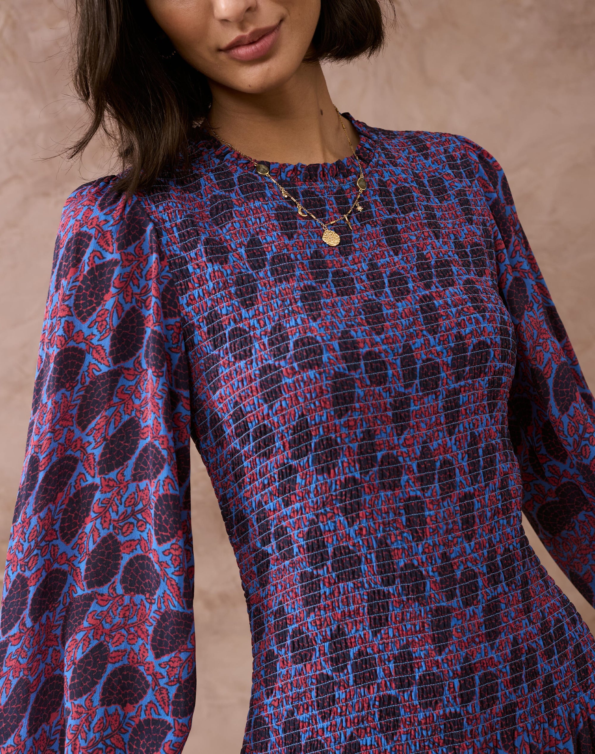 Floral Fan Print Shirred Dress