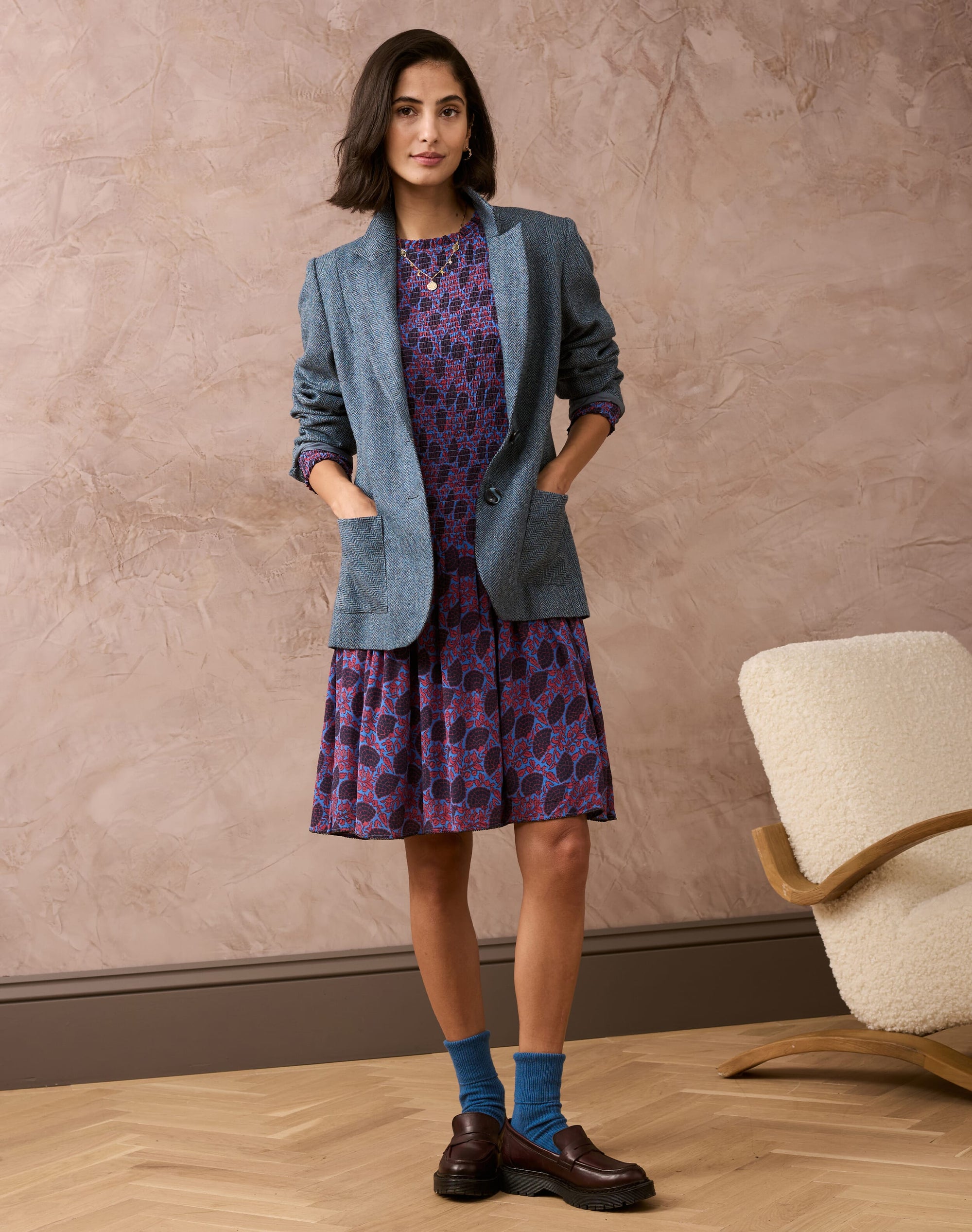 Floral Fan Print Shirred Dress