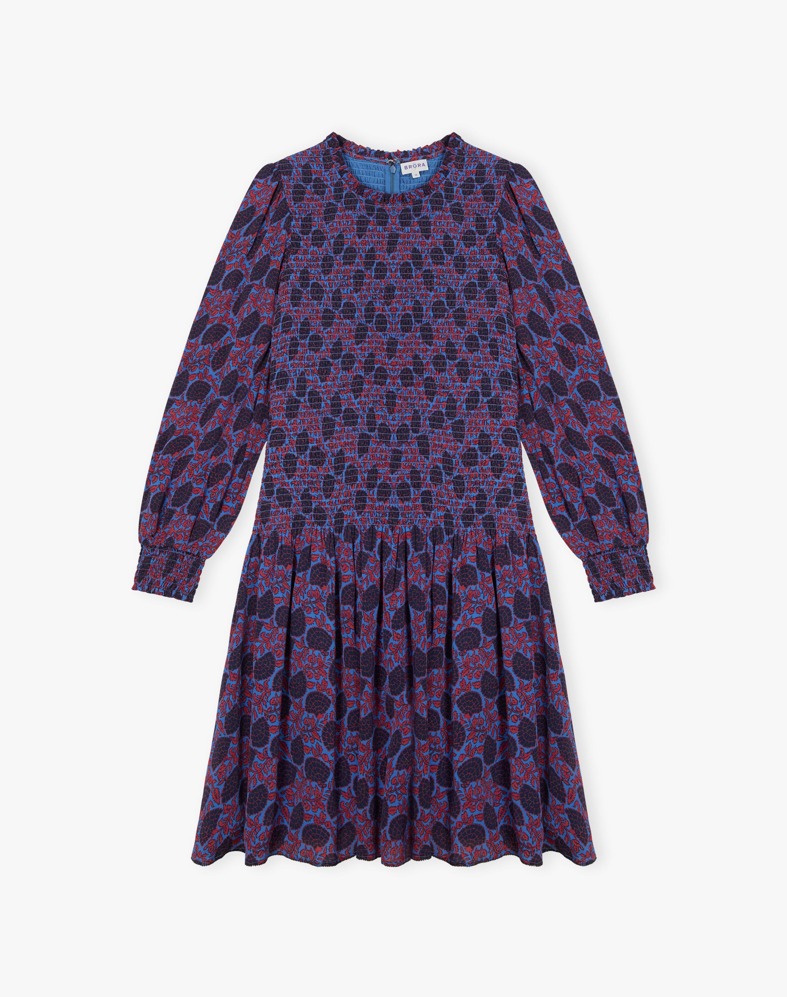 Floral Fan Print Shirred Dress
