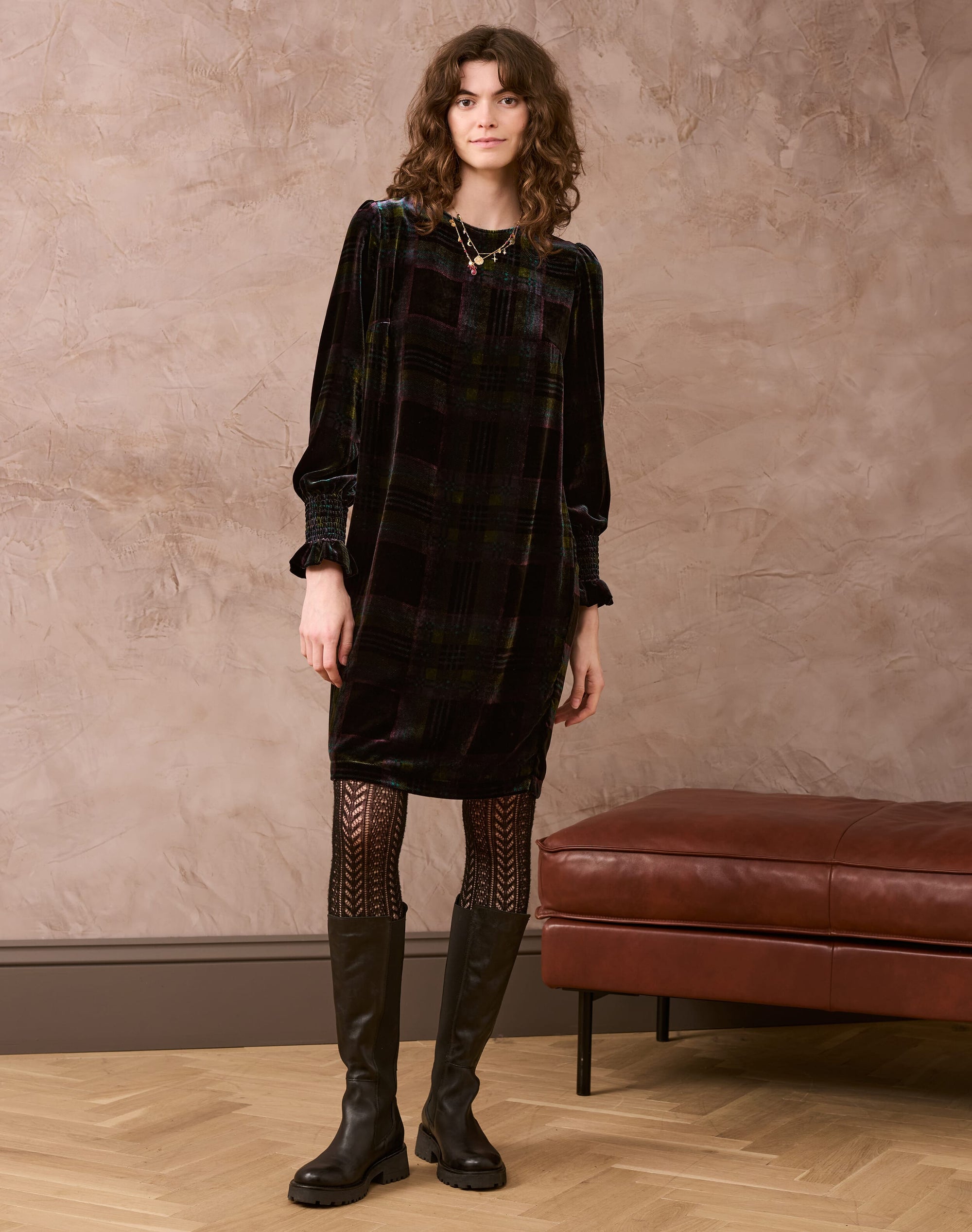 Silk Velvet Plaid Dress