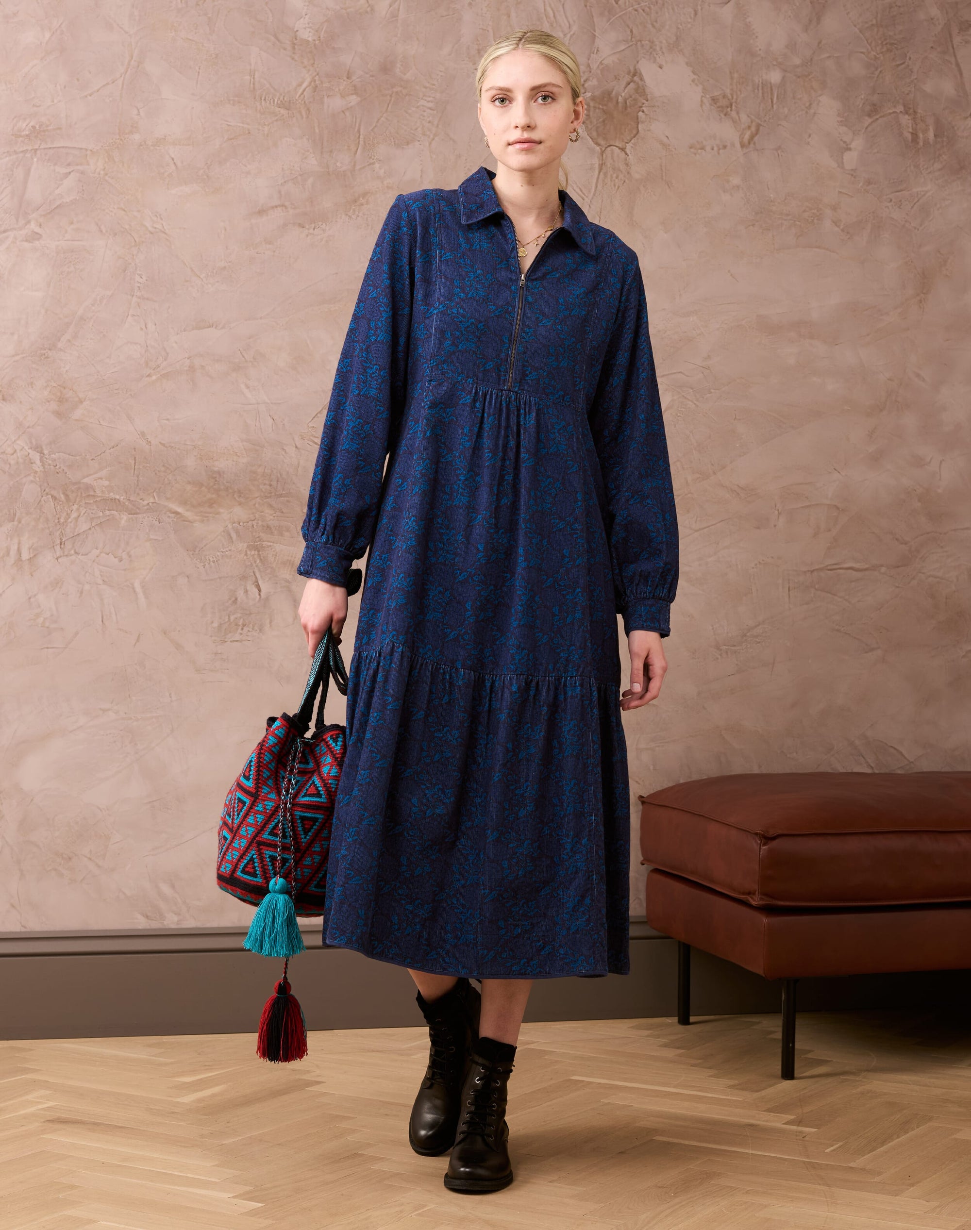 Needlecord Botanical Print Zip Up Dress