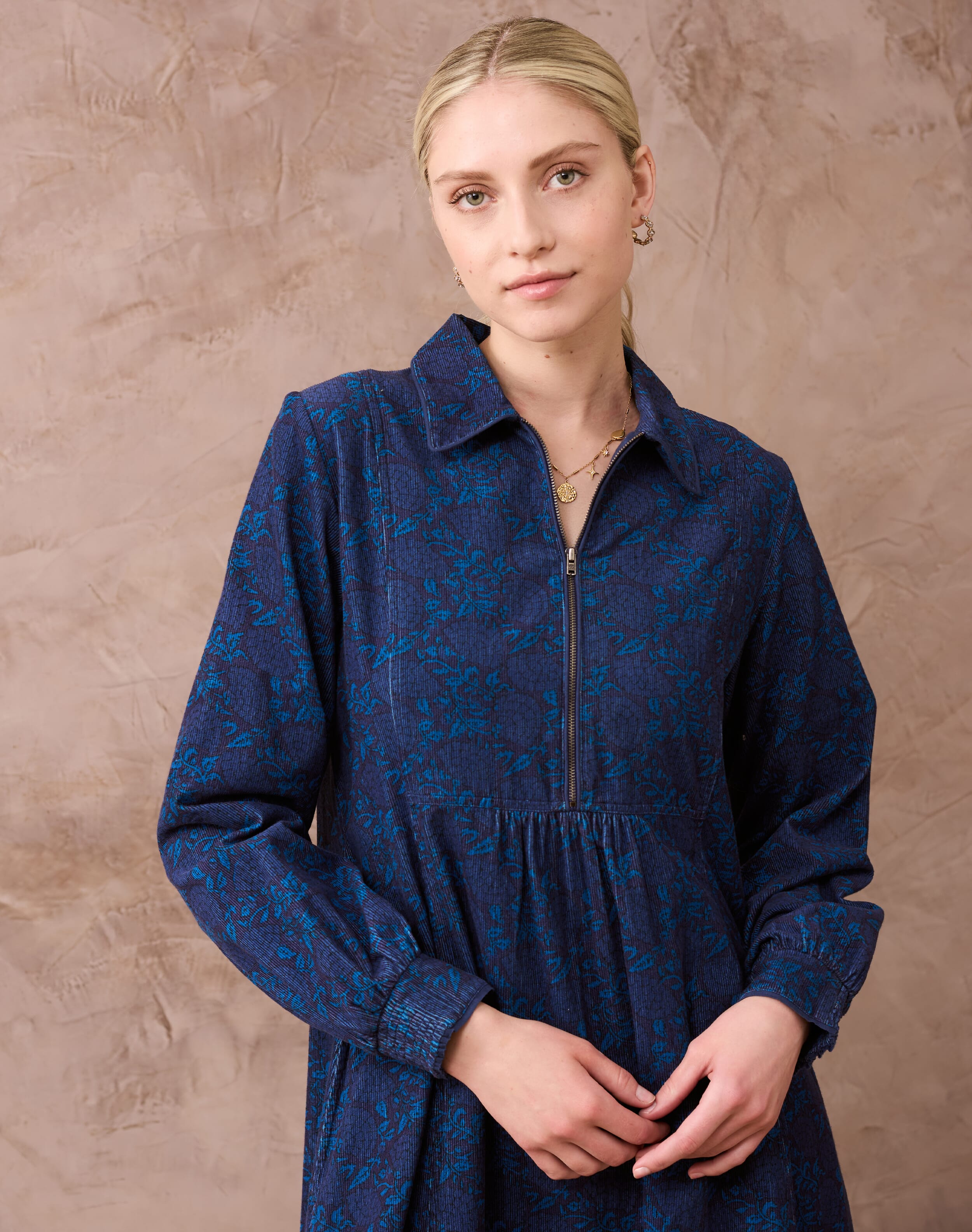 Needlecord Botanical Print Zip Up Dress