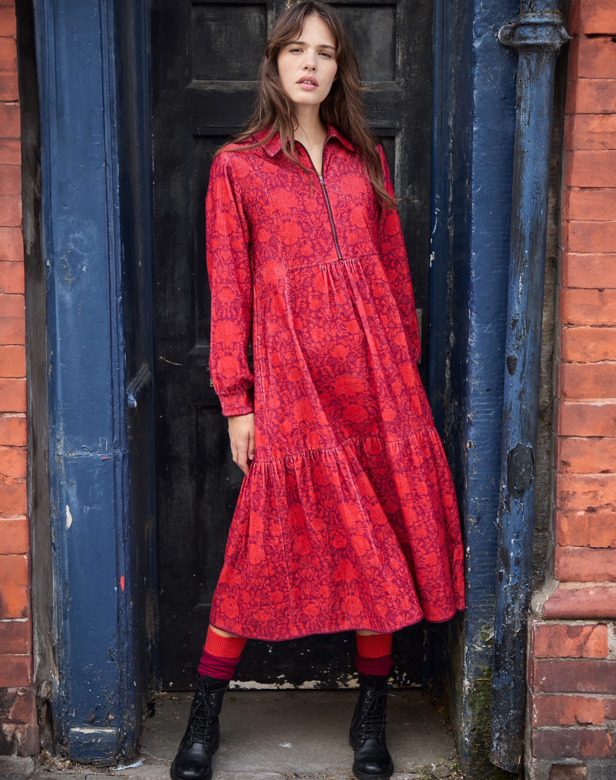 Needlecord Botanical Print Zip Up Dress