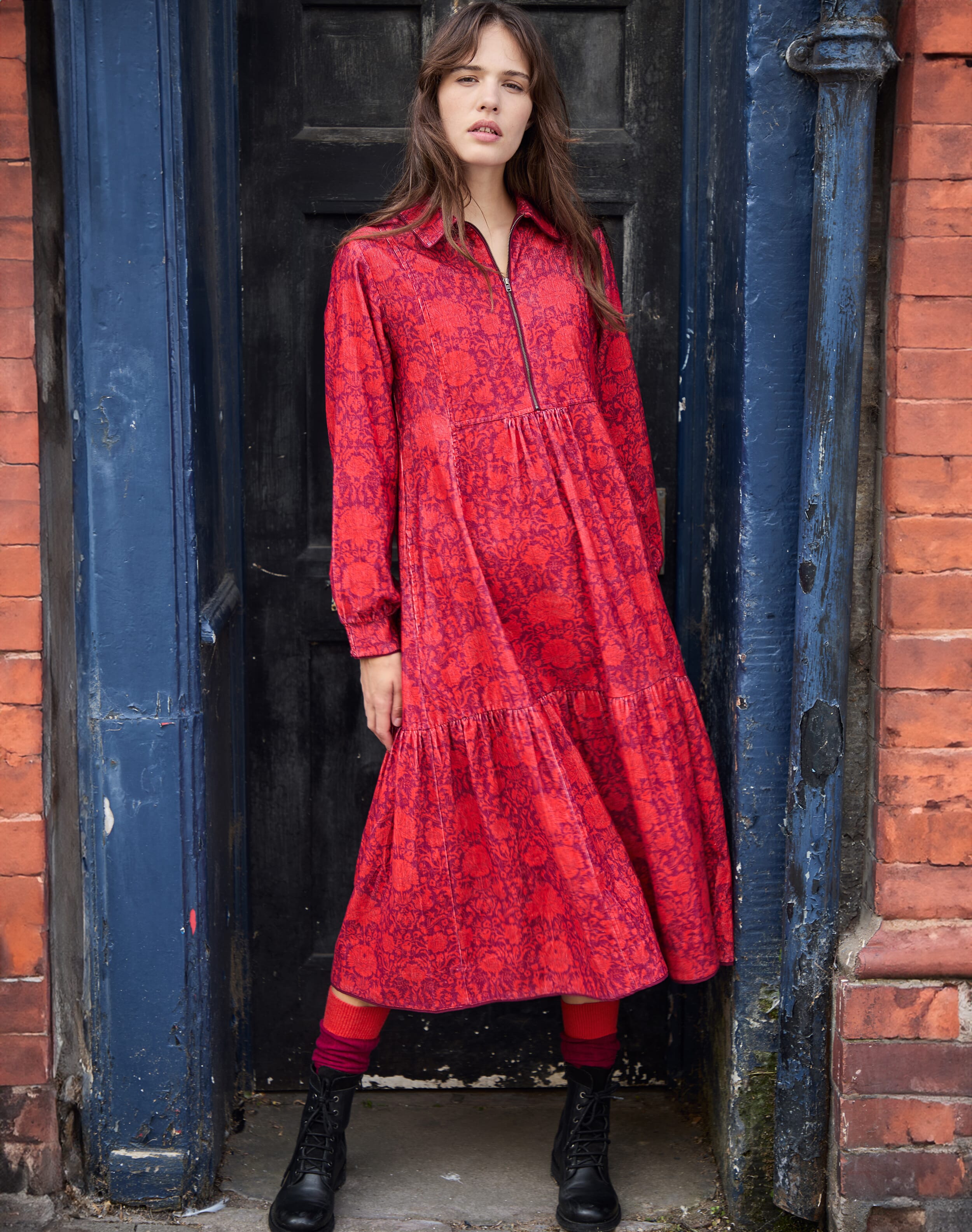 Needlecord Botanical Print Zip Up Dress