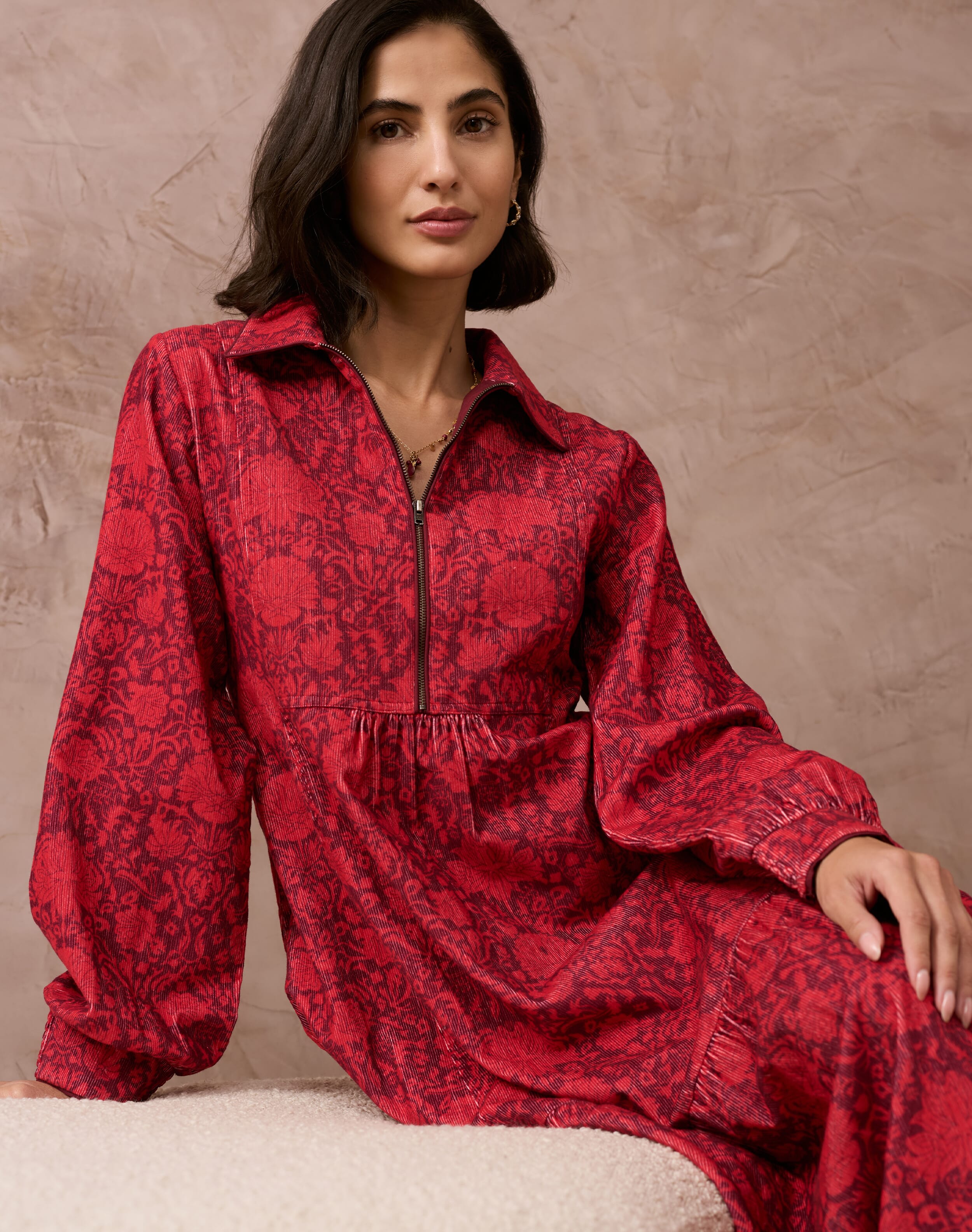 Needlecord Botanical Print Zip Up Dress
