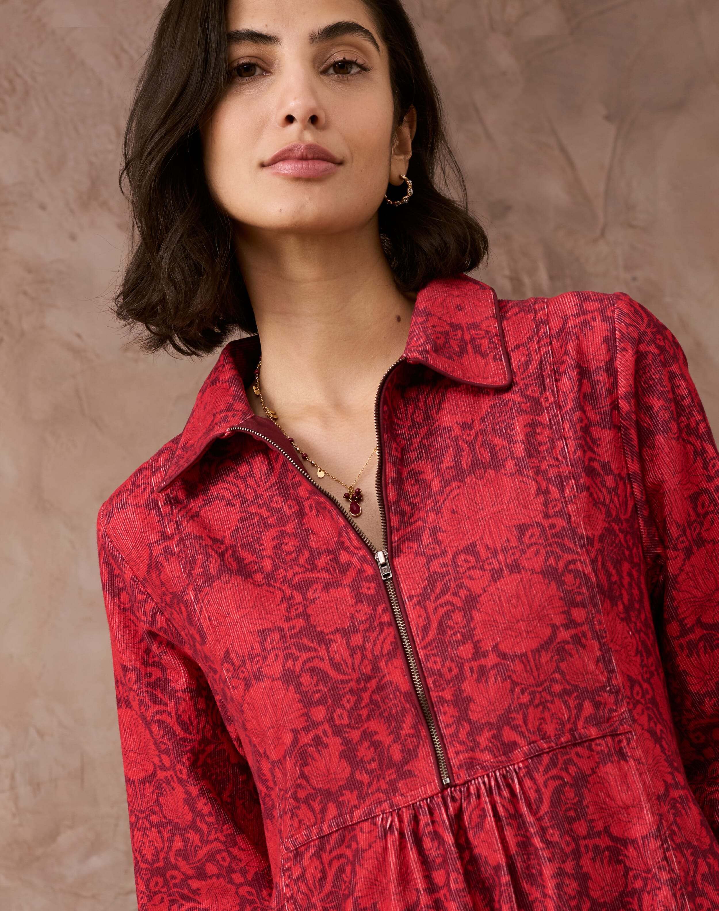 Needlecord Botanical Print Zip Up Dress
