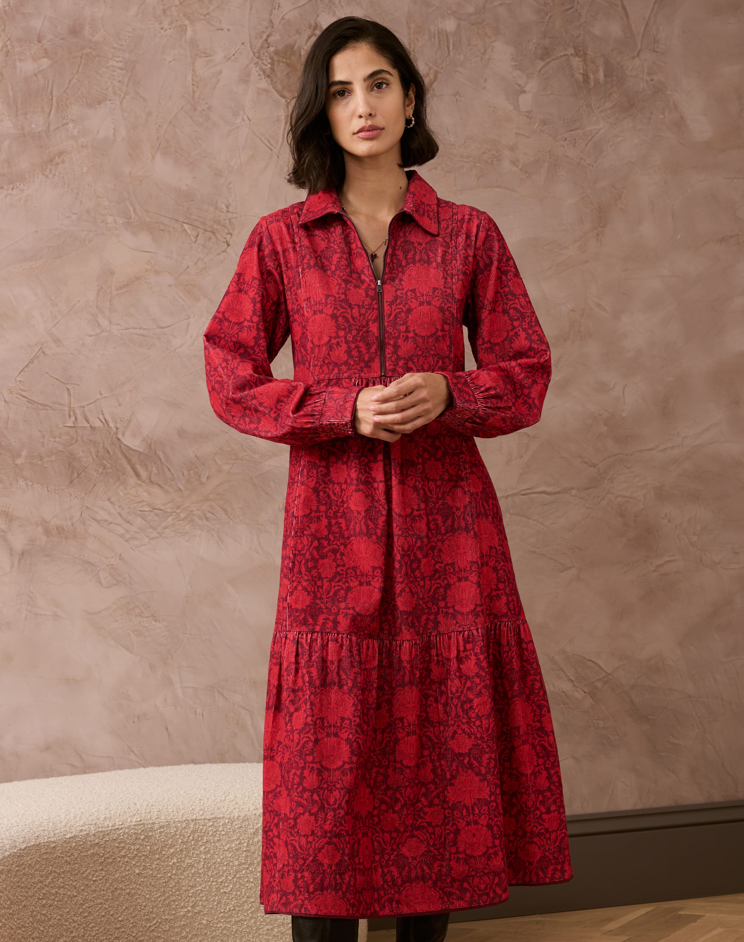 Needlecord Botanical Print Zip Up Dress