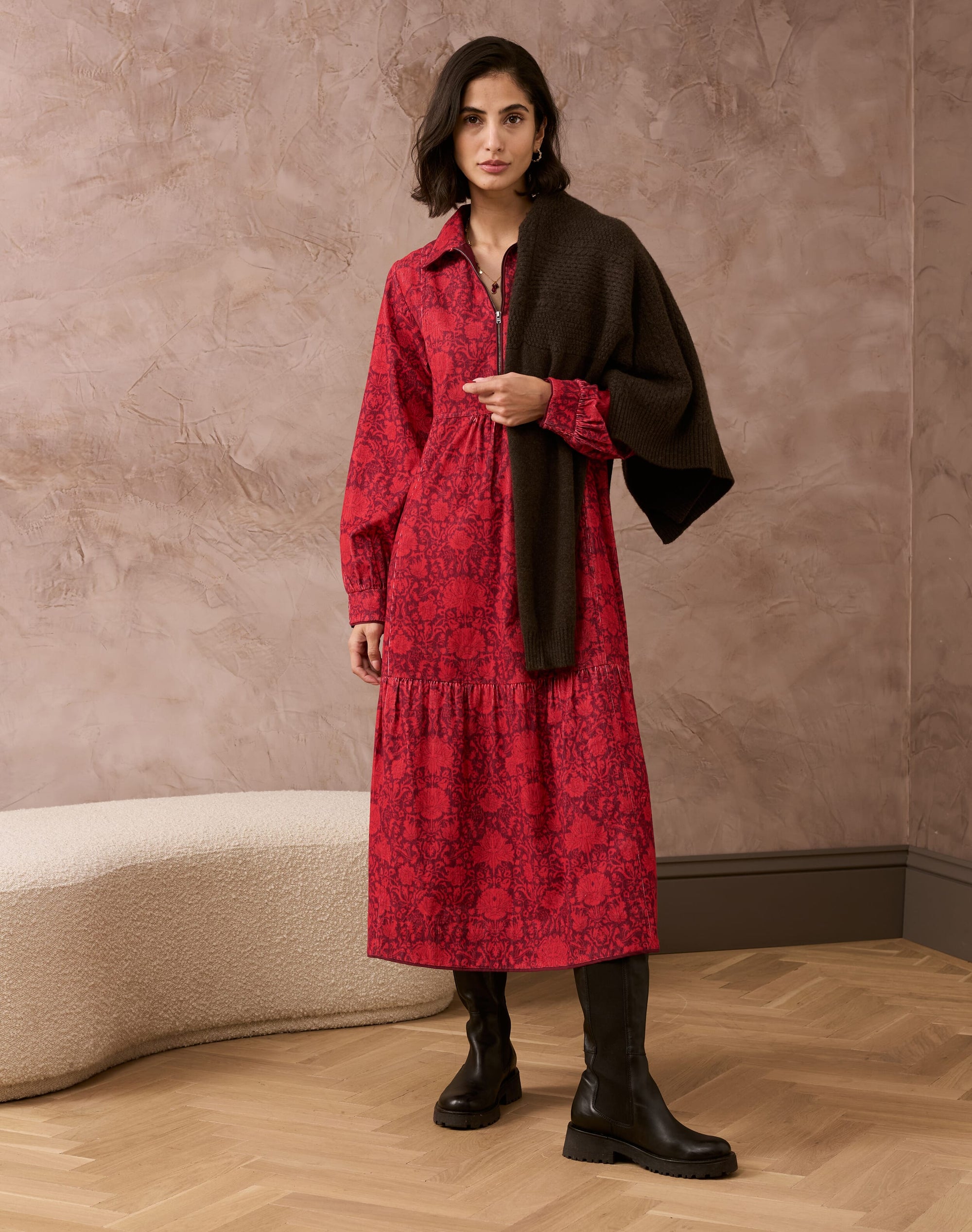 Needlecord Botanical Print Zip Up Dress