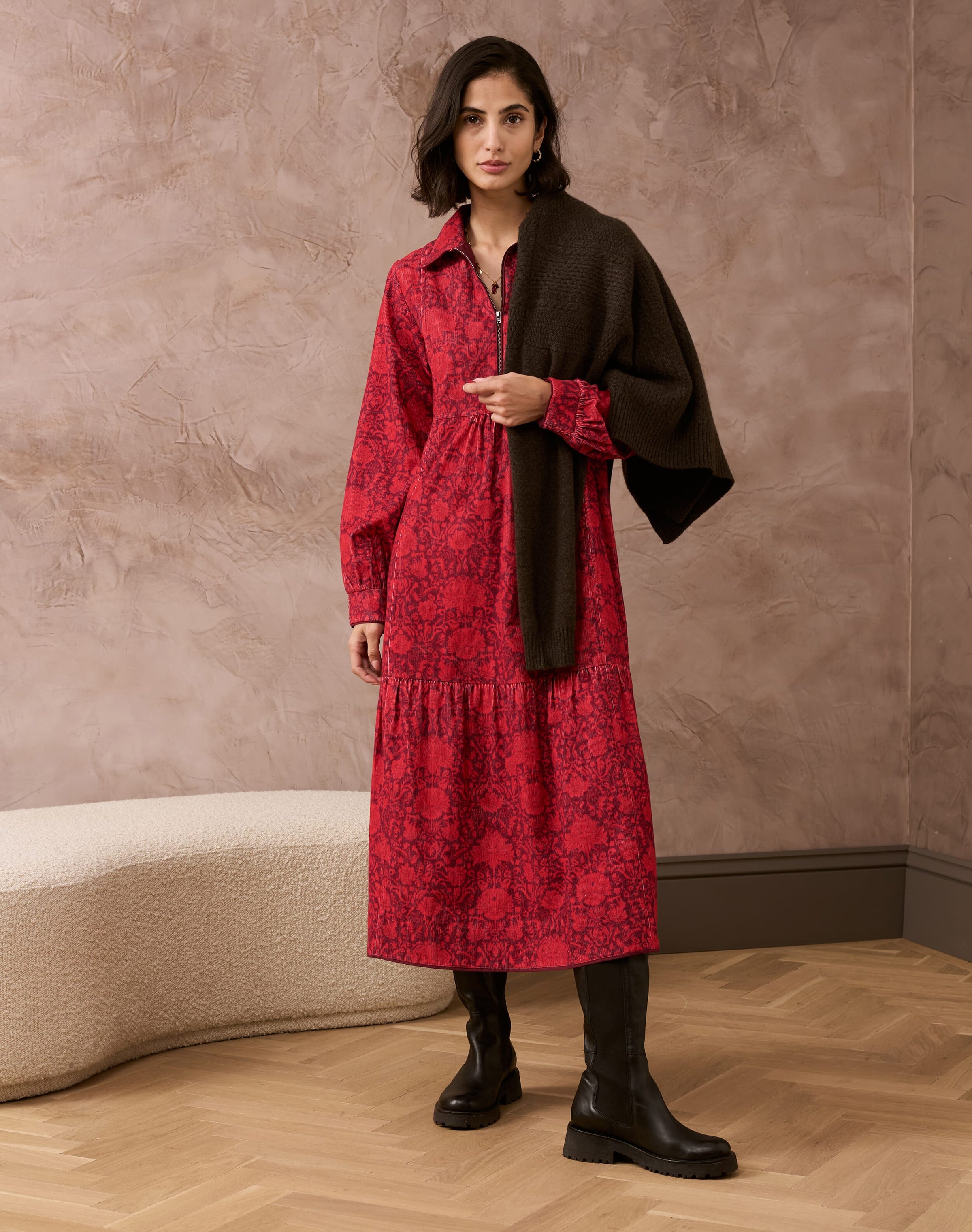 Needlecord Botanical Print Zip Up Dress