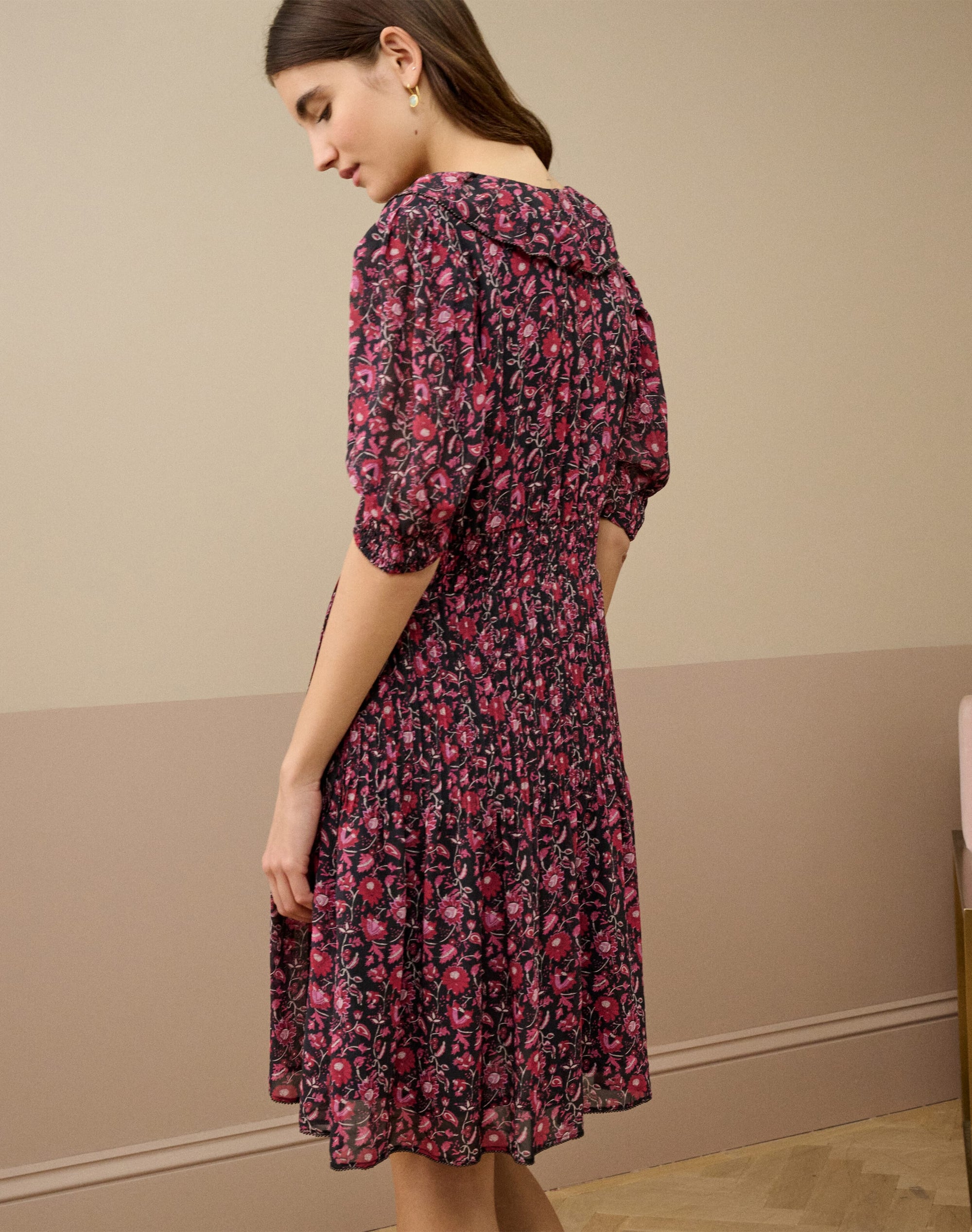 Silk Botanical Print Pintuck Dress