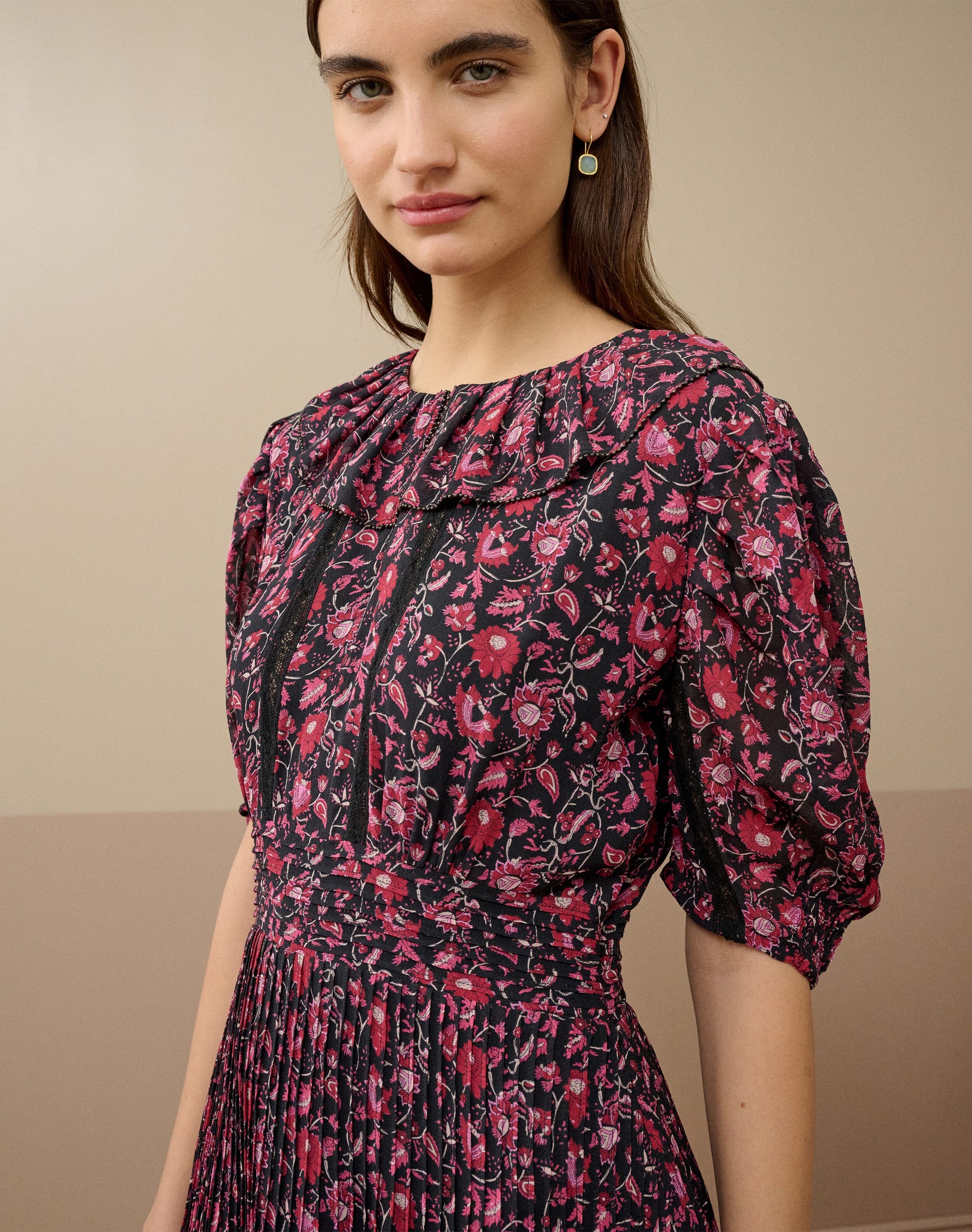 Silk Botanical Print Pintuck Dress