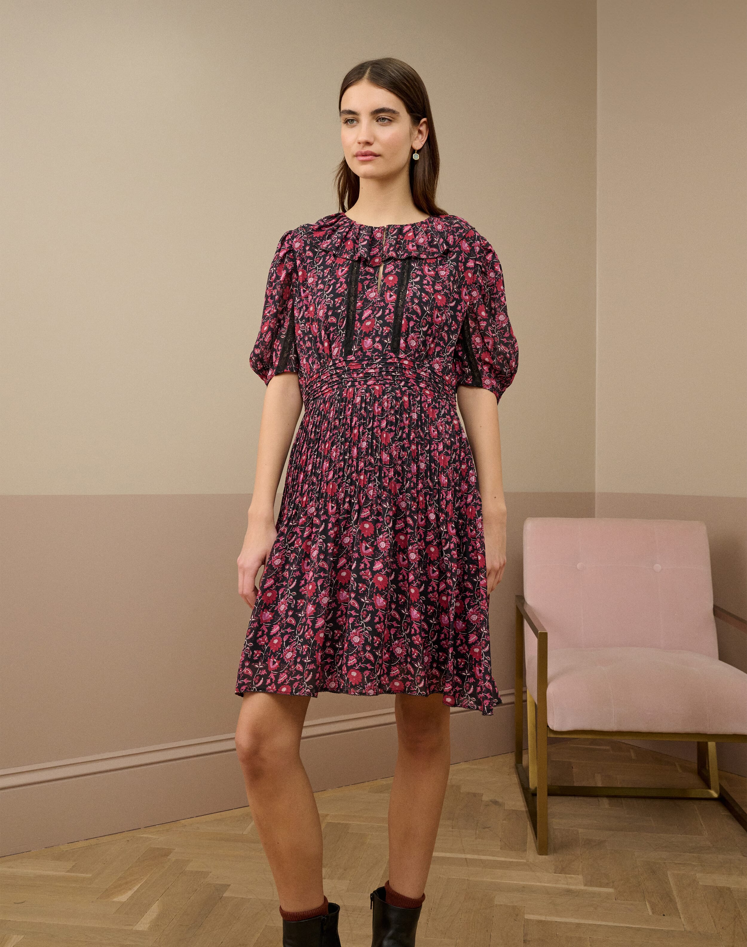 Silk Botanical Print Pintuck Dress
