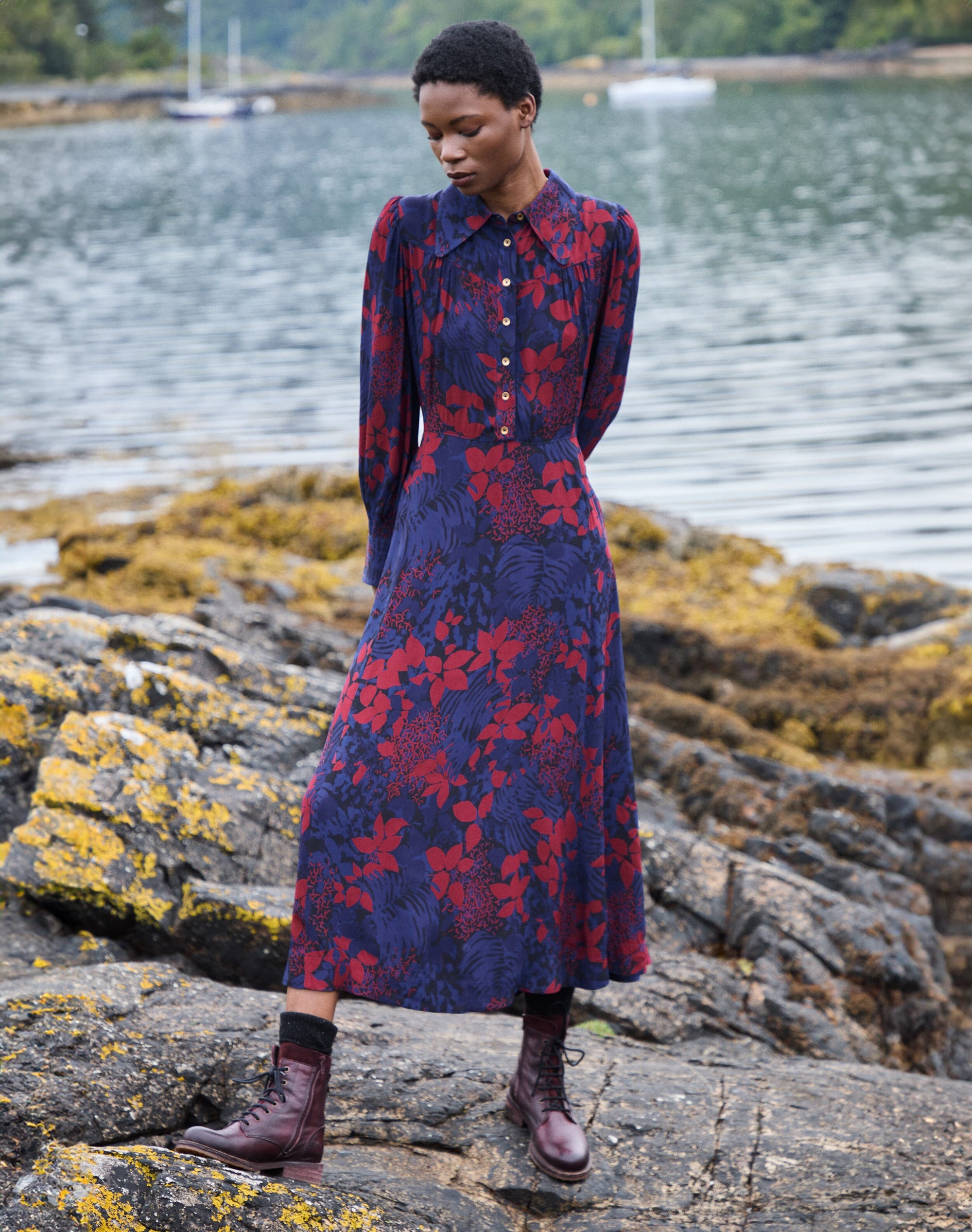 Satin Backed Crepe Leaf Print Dress