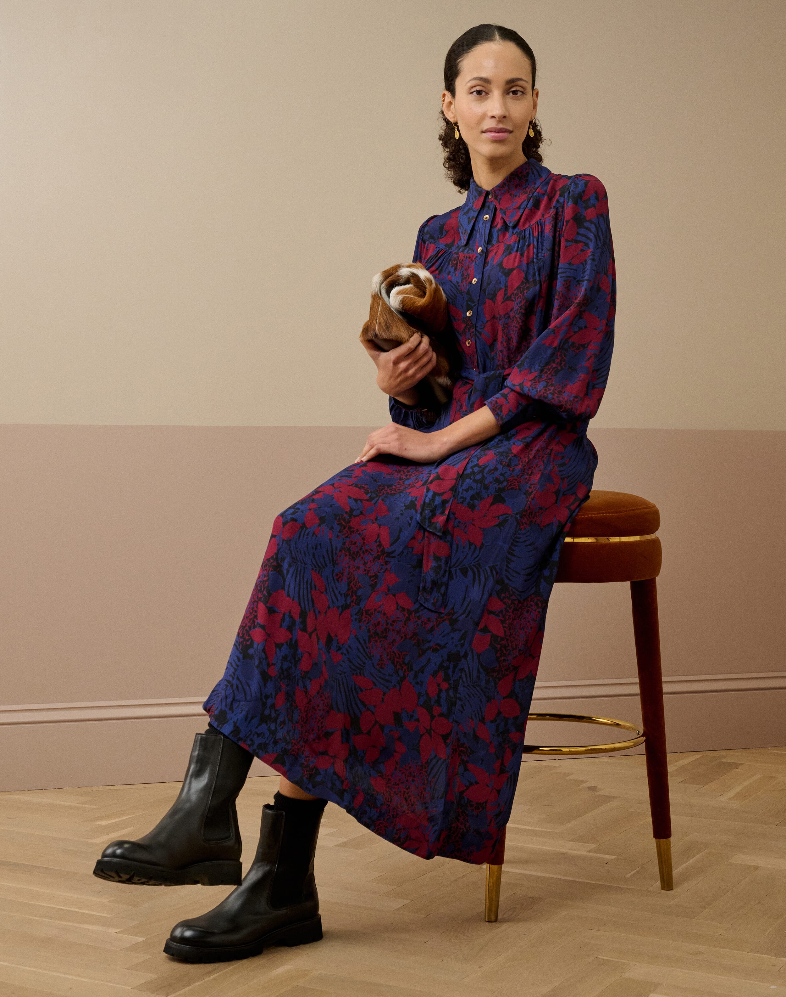 Satin Backed Crepe Leaf Print Dress