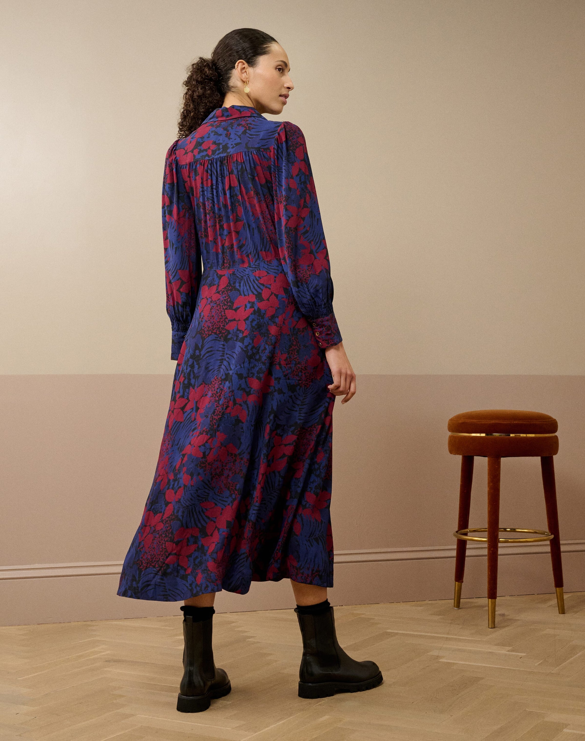 Satin Backed Crepe Leaf Print Dress