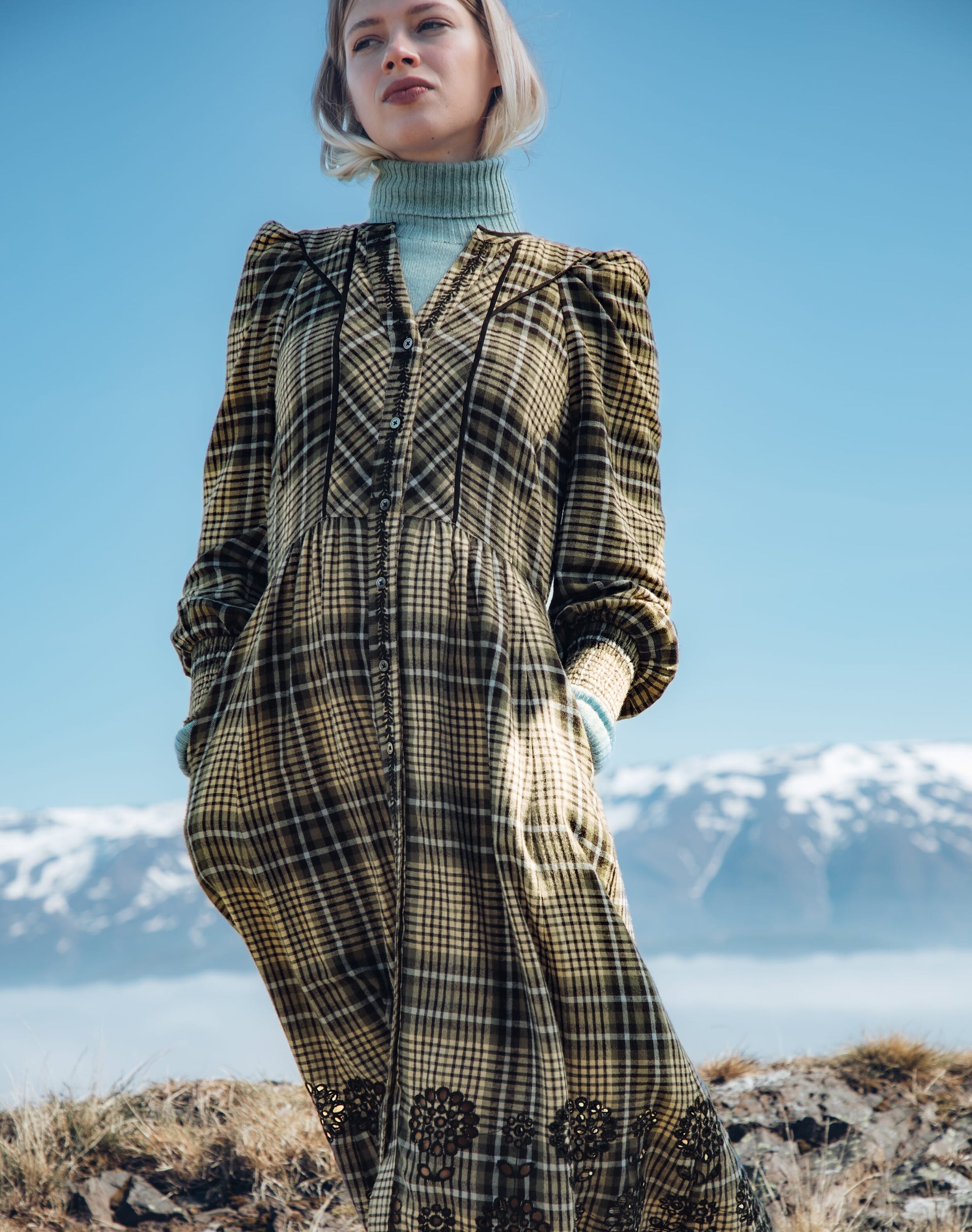 Brushed Cotton Check Embroidered Dress