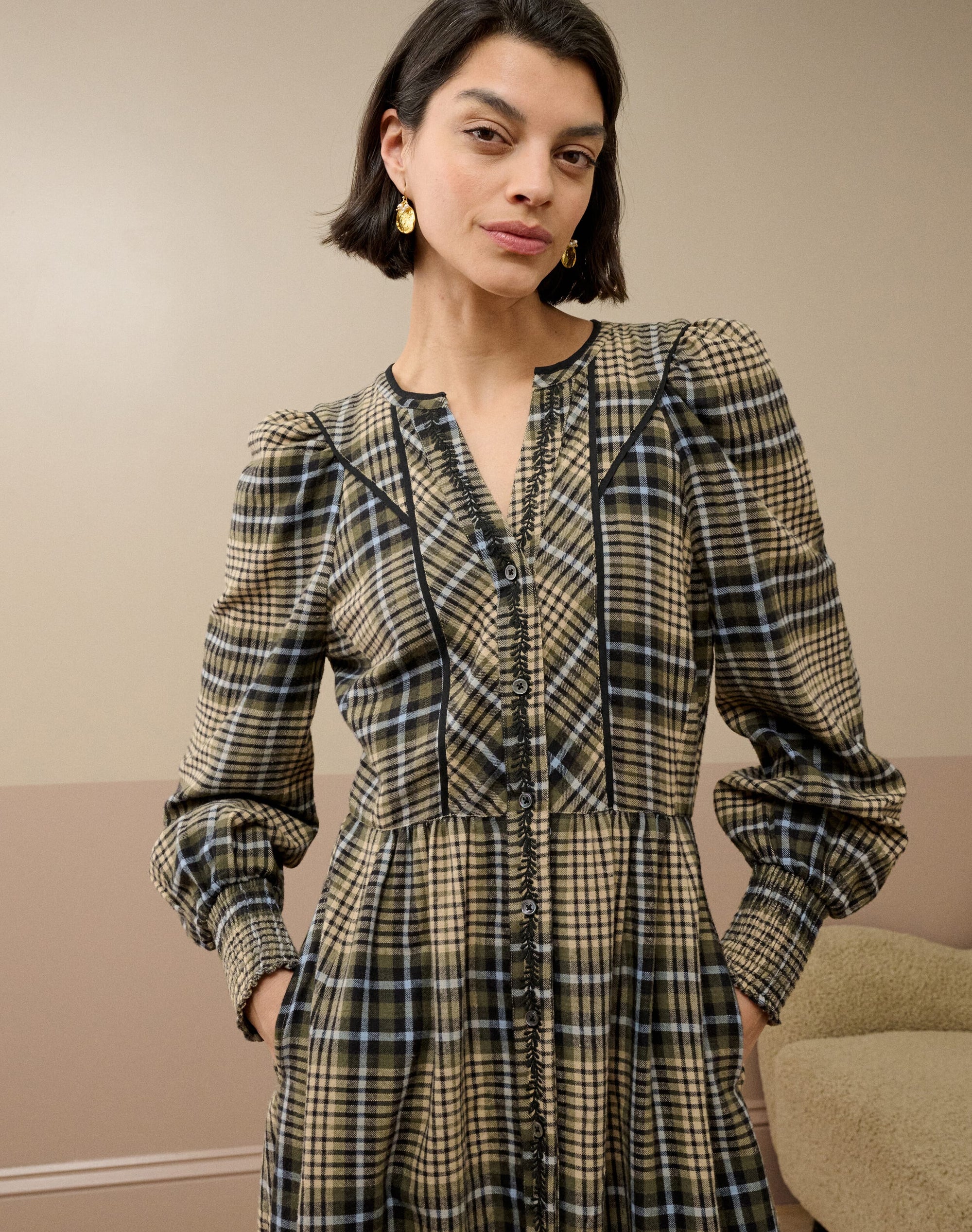 Brushed Cotton Check Embroidered Dress