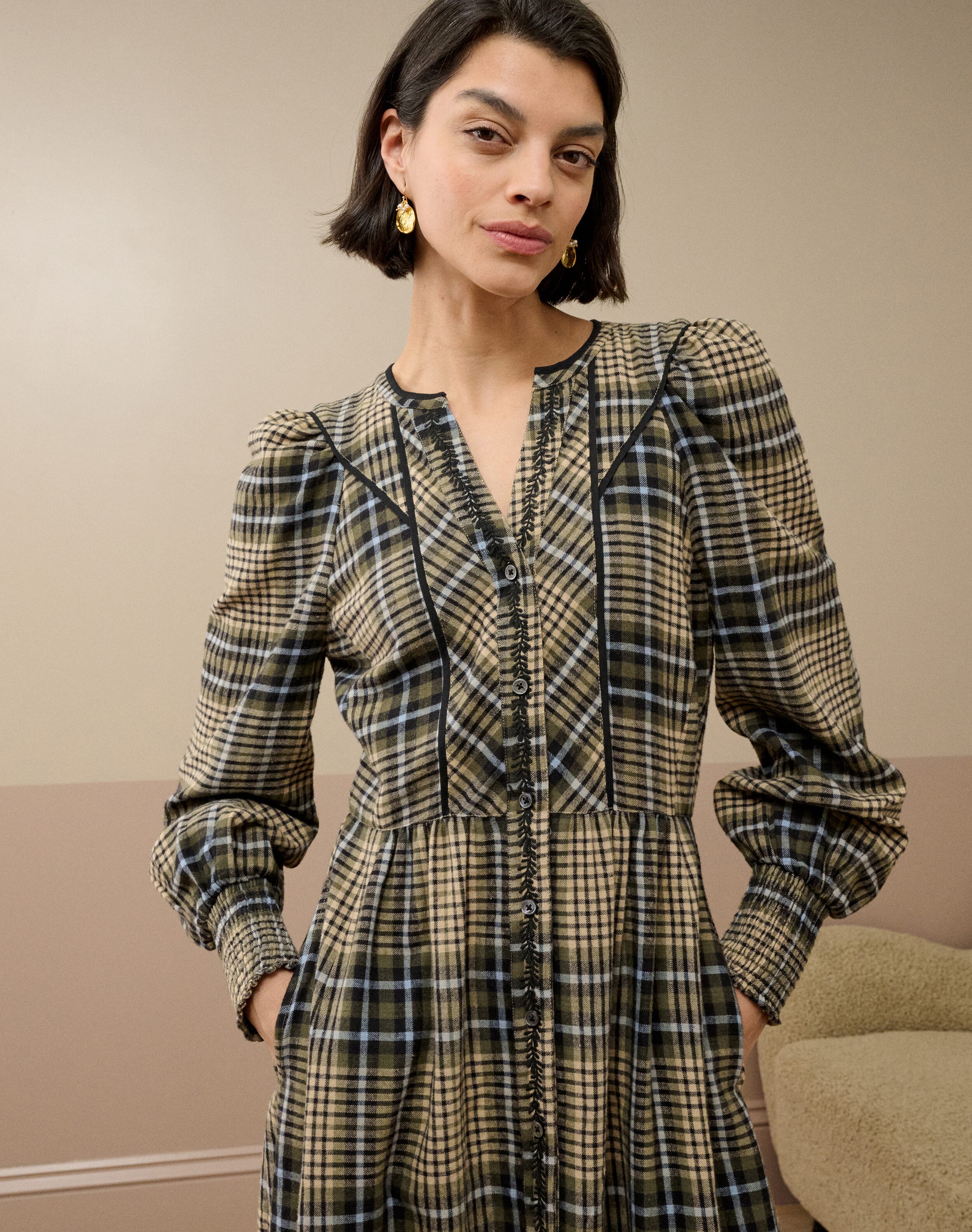 Brushed Cotton Check Embroidered Dress