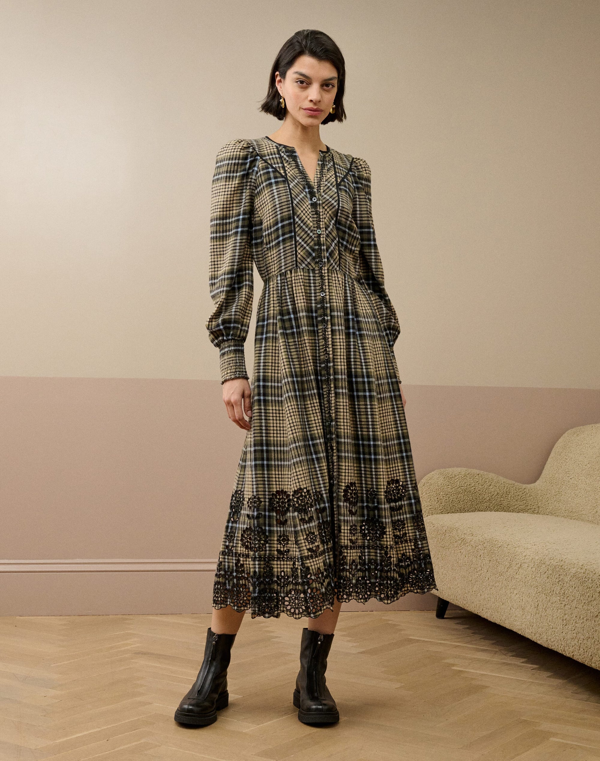 Brushed Cotton Check Embroidered Dress