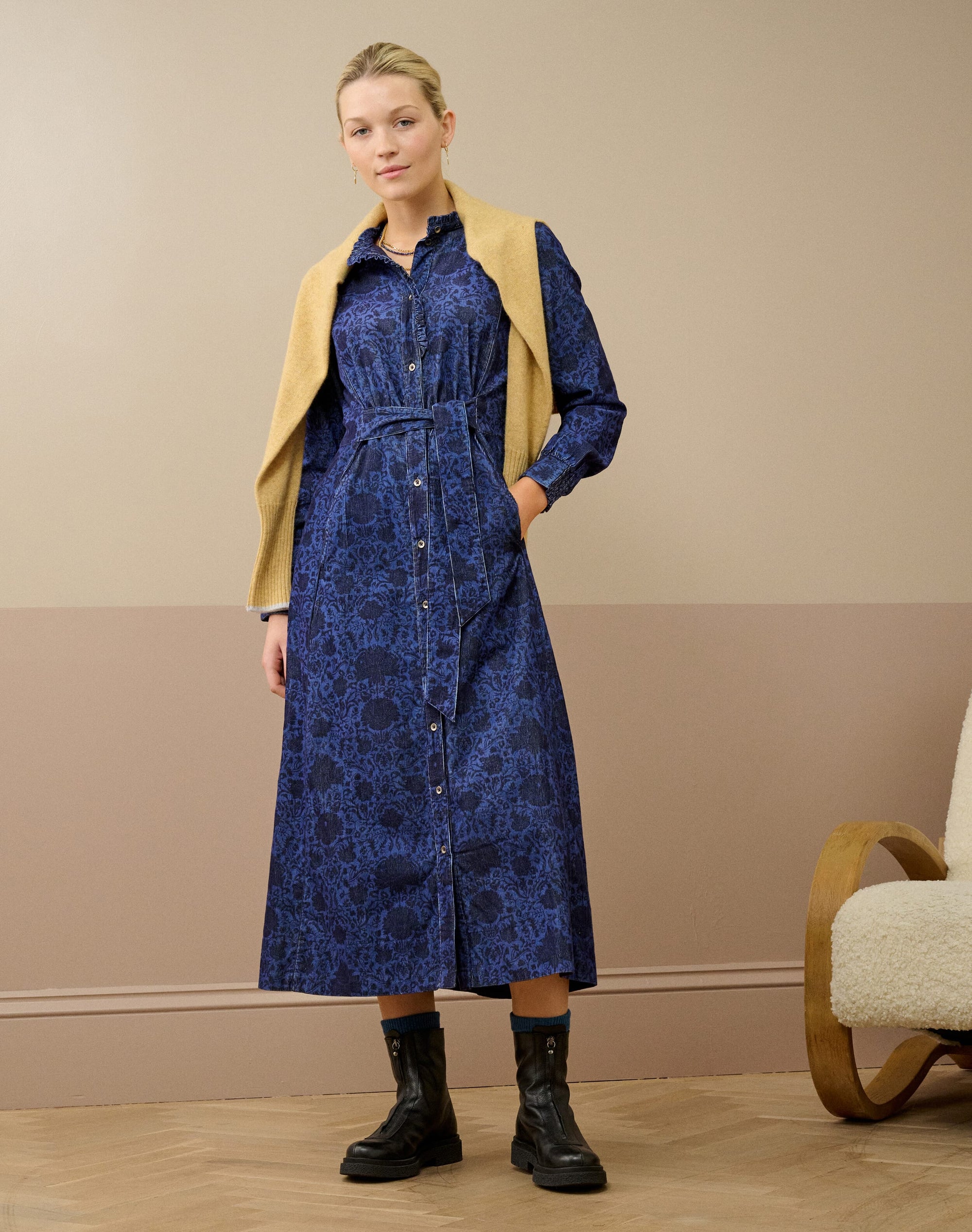 Organic Needlecord Frill Shirt Dress