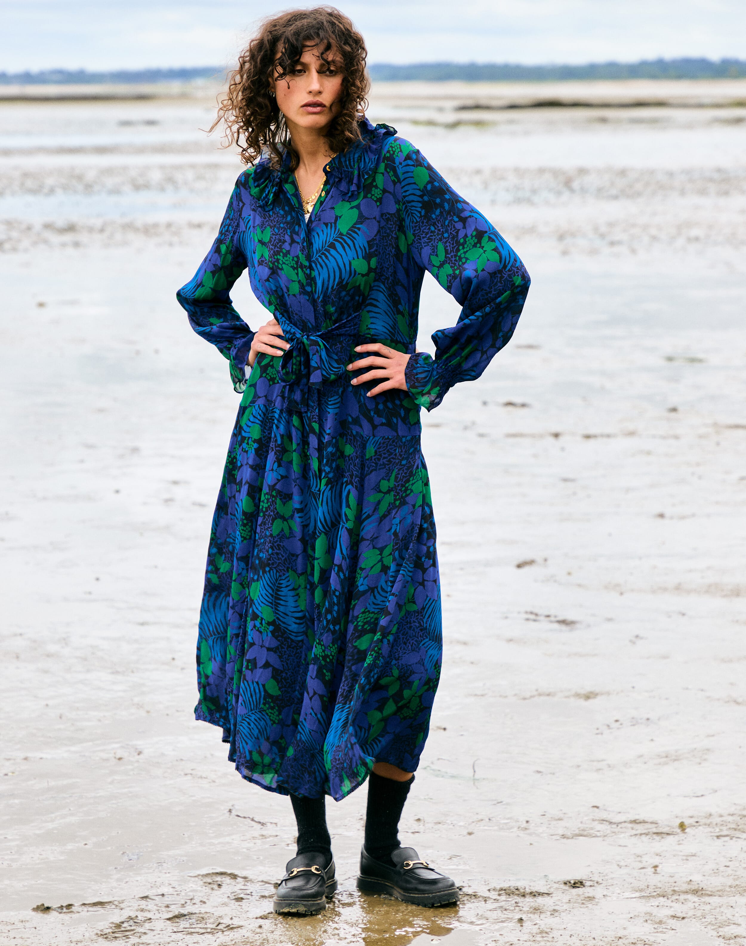Frill Collar Leaf Print Dress
