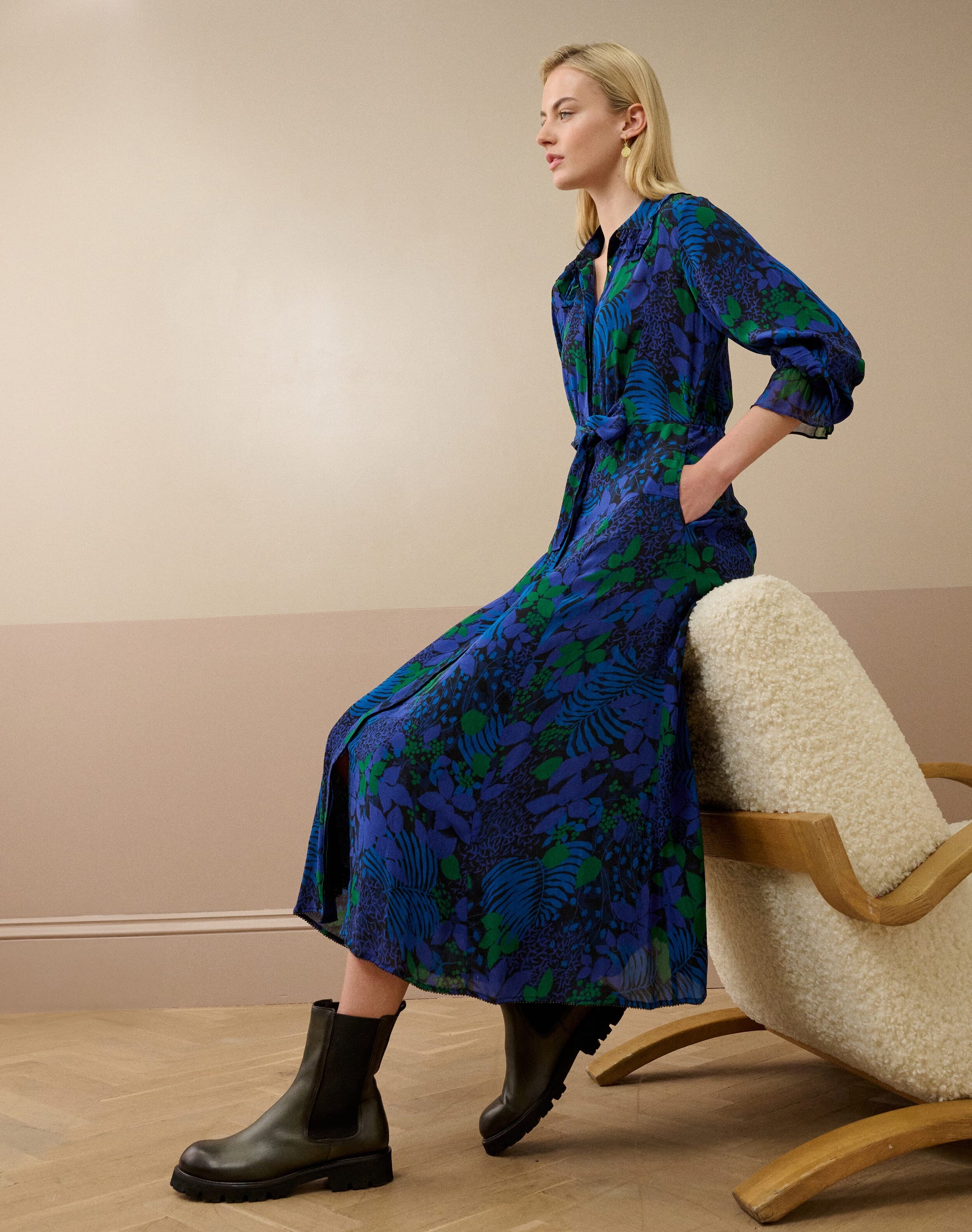 Frill Collar Leaf Print Dress