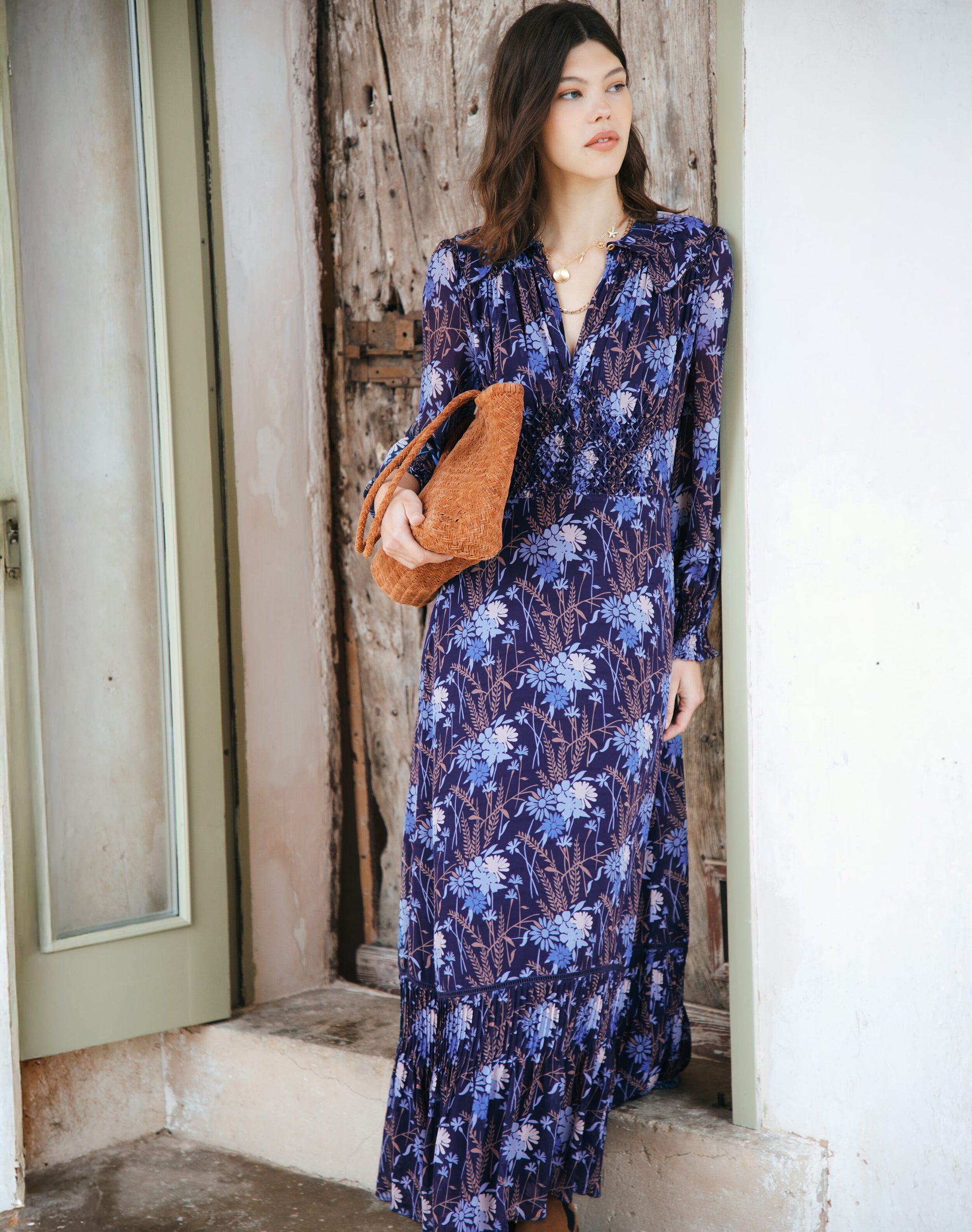 Silk Smocked Dress in Navy | Womenswear