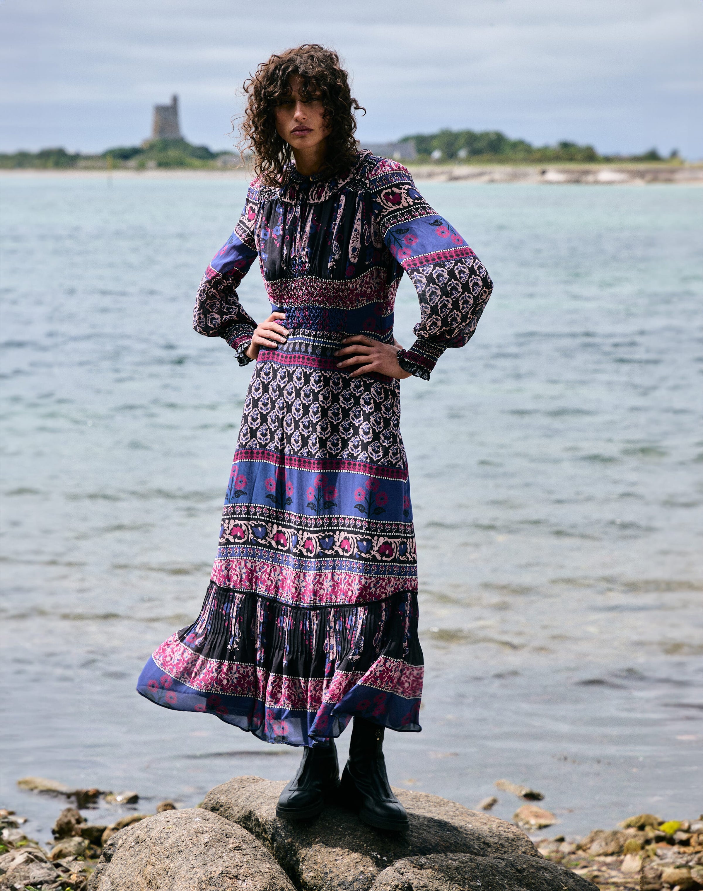 Silk Smocked Patchwork Dress | Midnight & Mulberry
