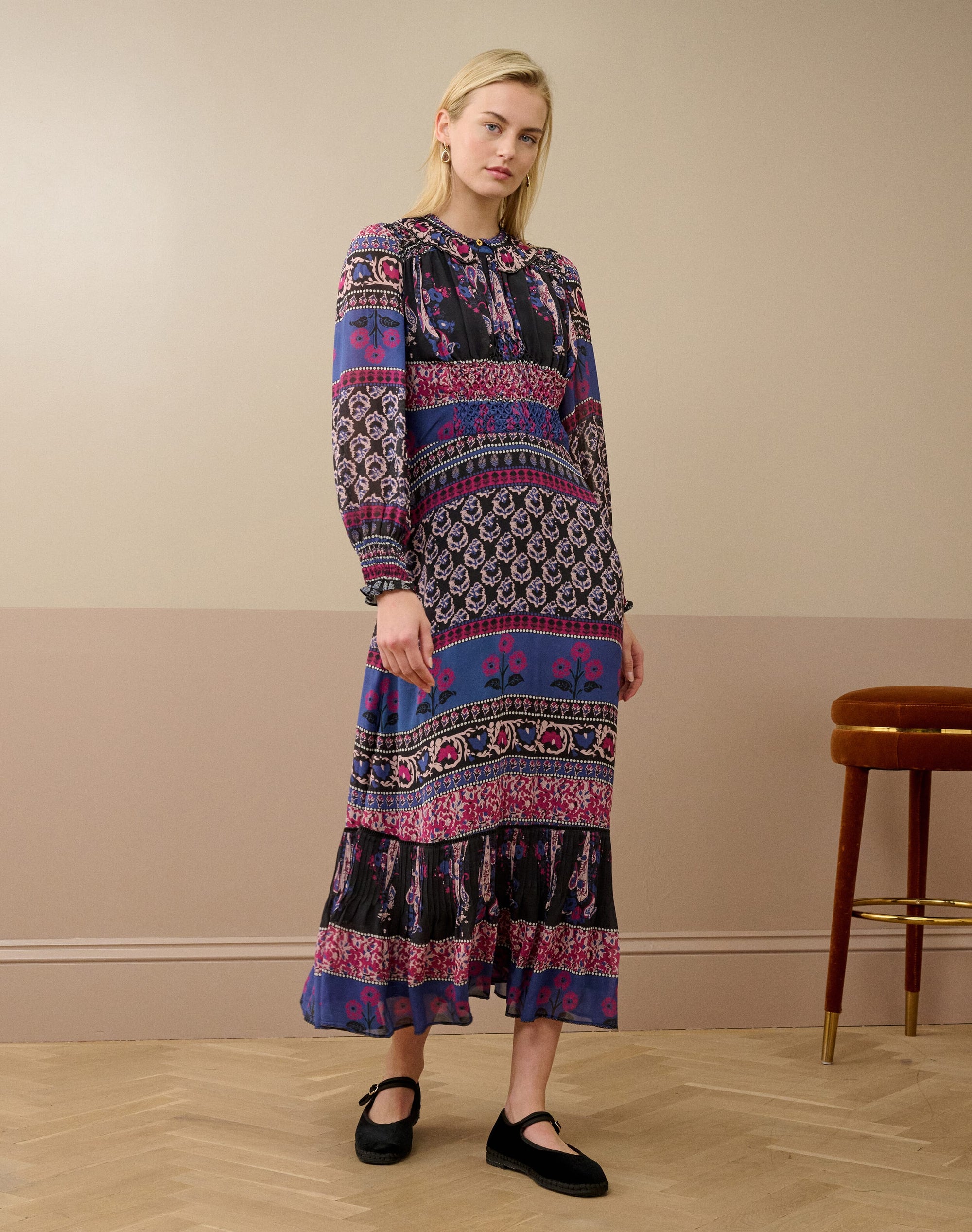Silk Smocked Patchwork Dress