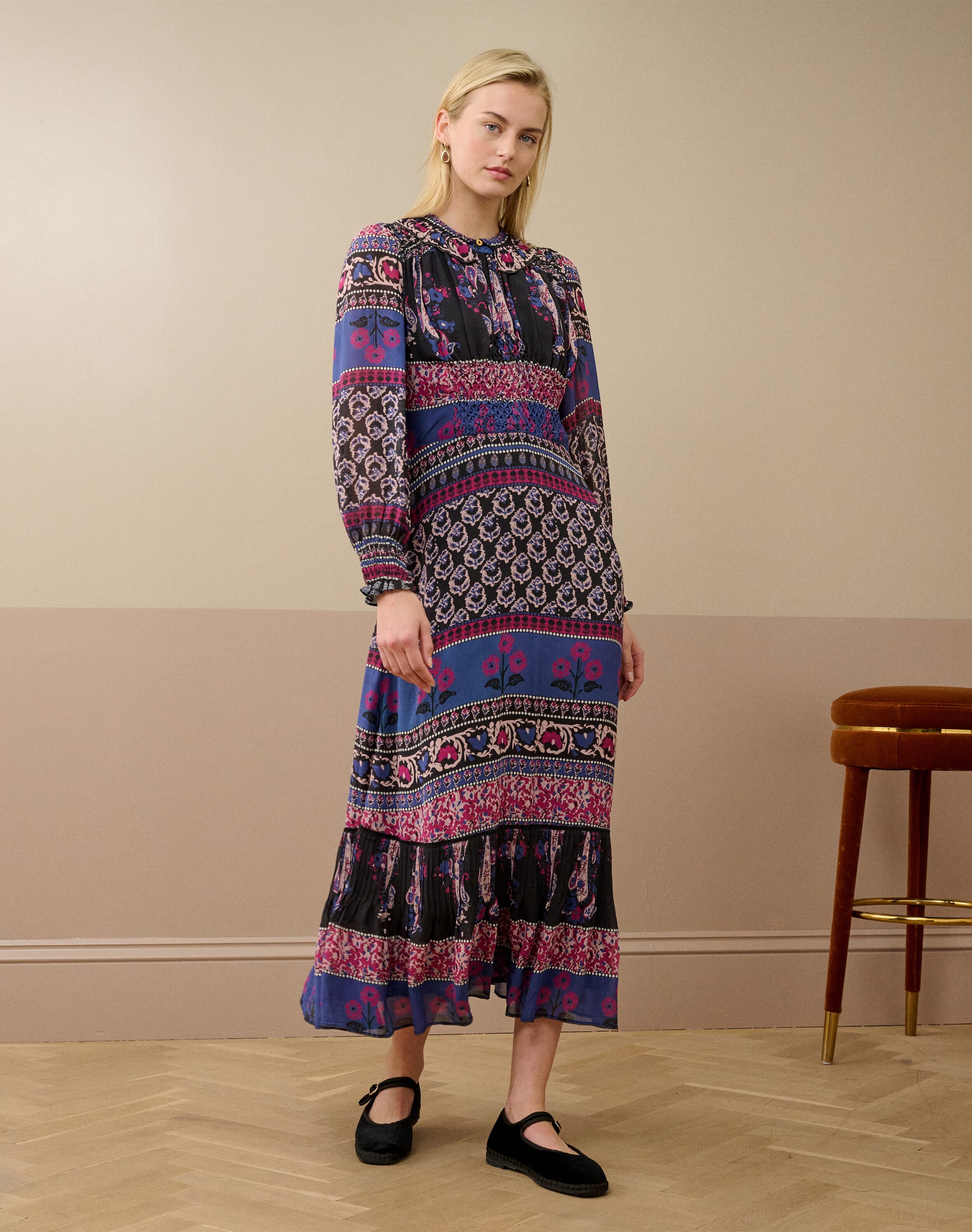 Silk Smocked Patchwork Dress