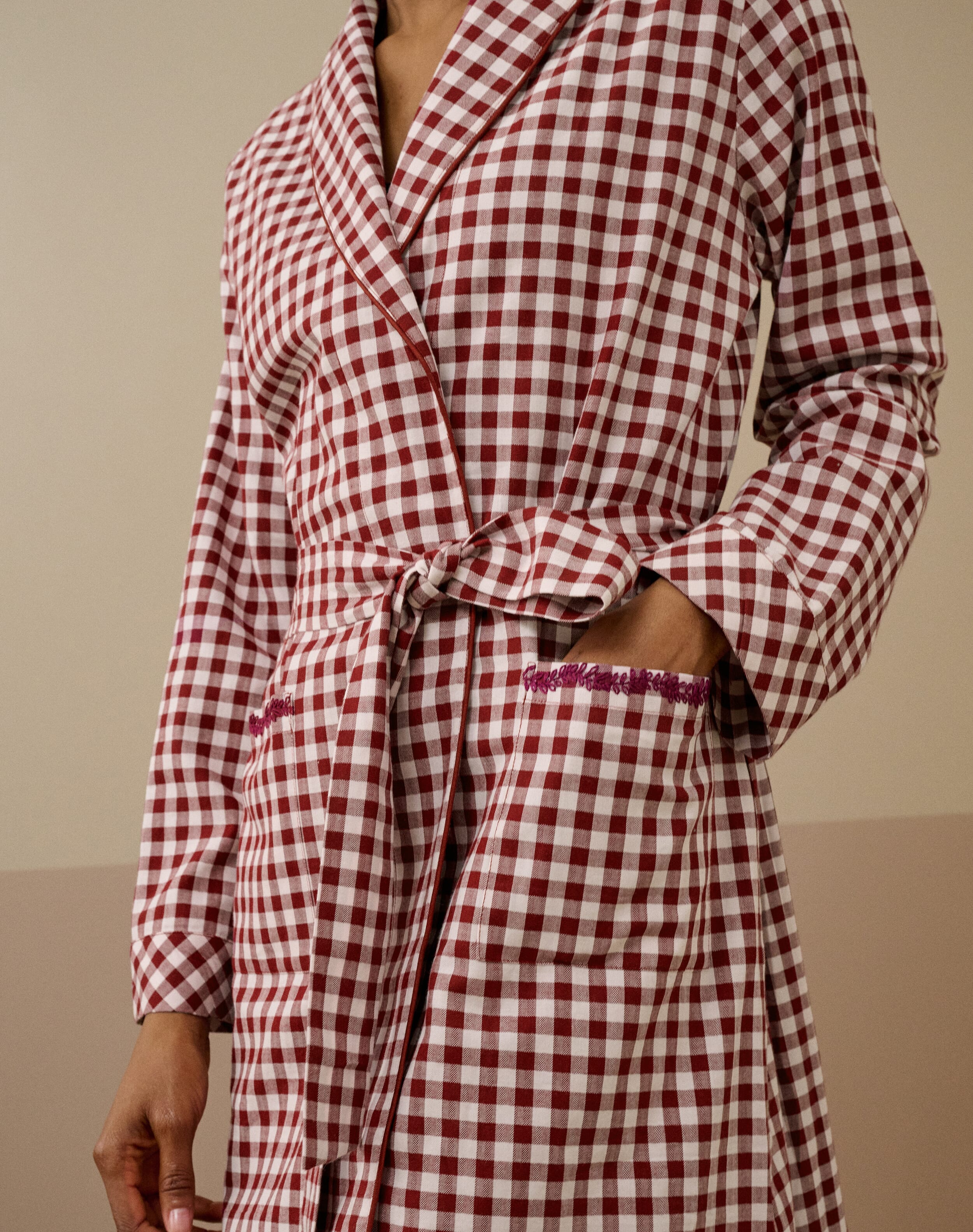 Embroidered Gingham Dressing Gown