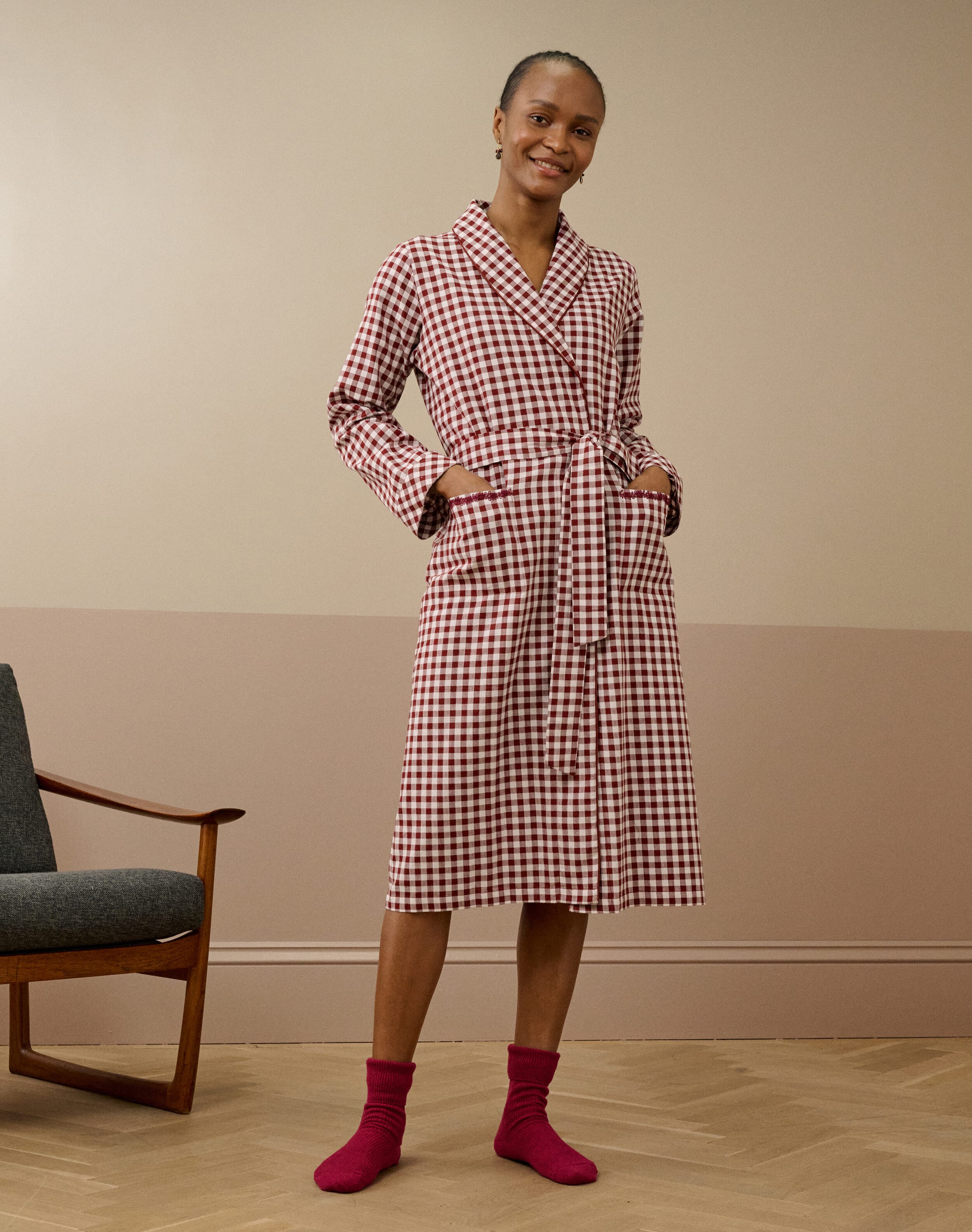 Embroidered Gingham Dressing Gown