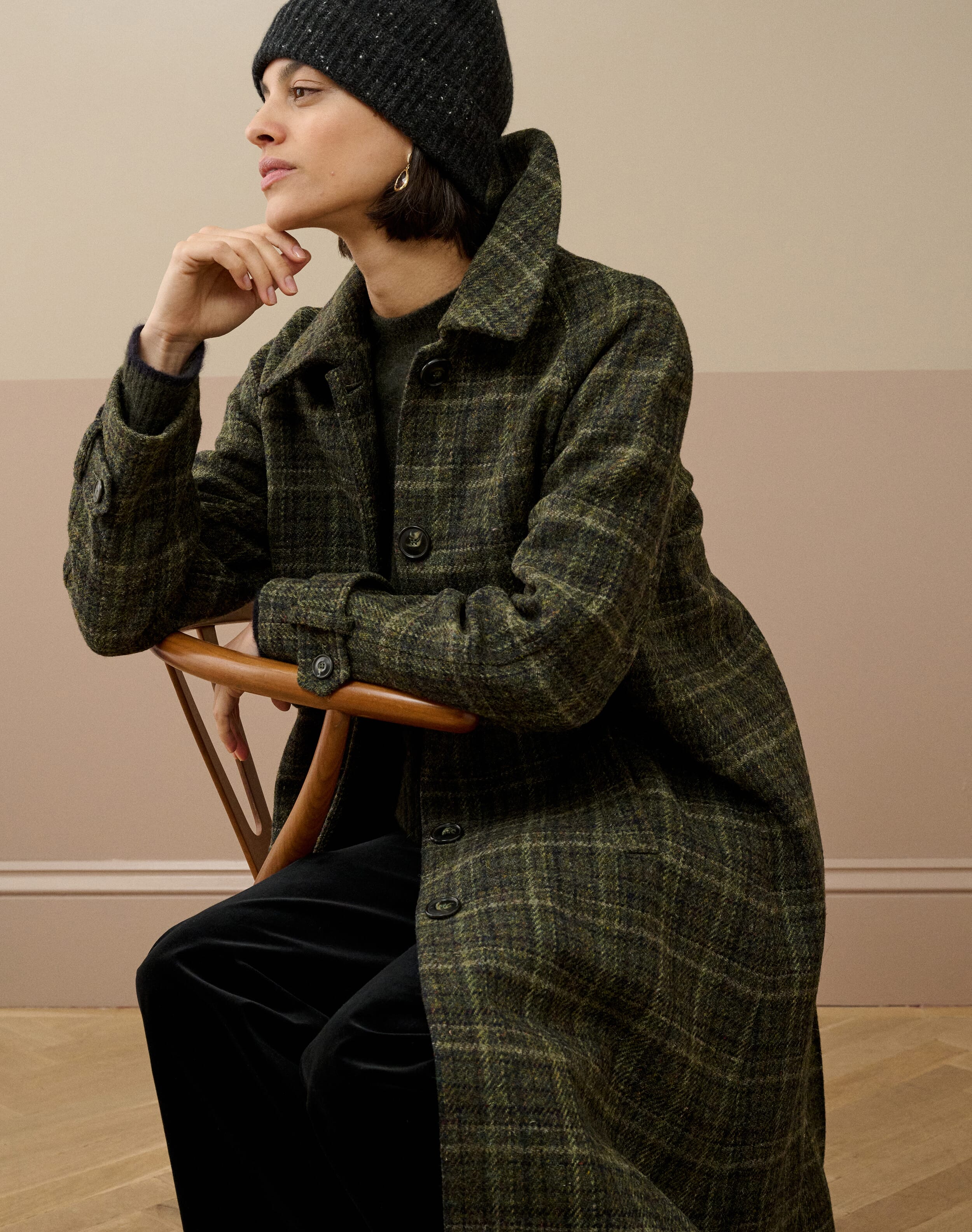 Harris Tweed Check Coat in Forest | Womenswear | Brora – broraonline