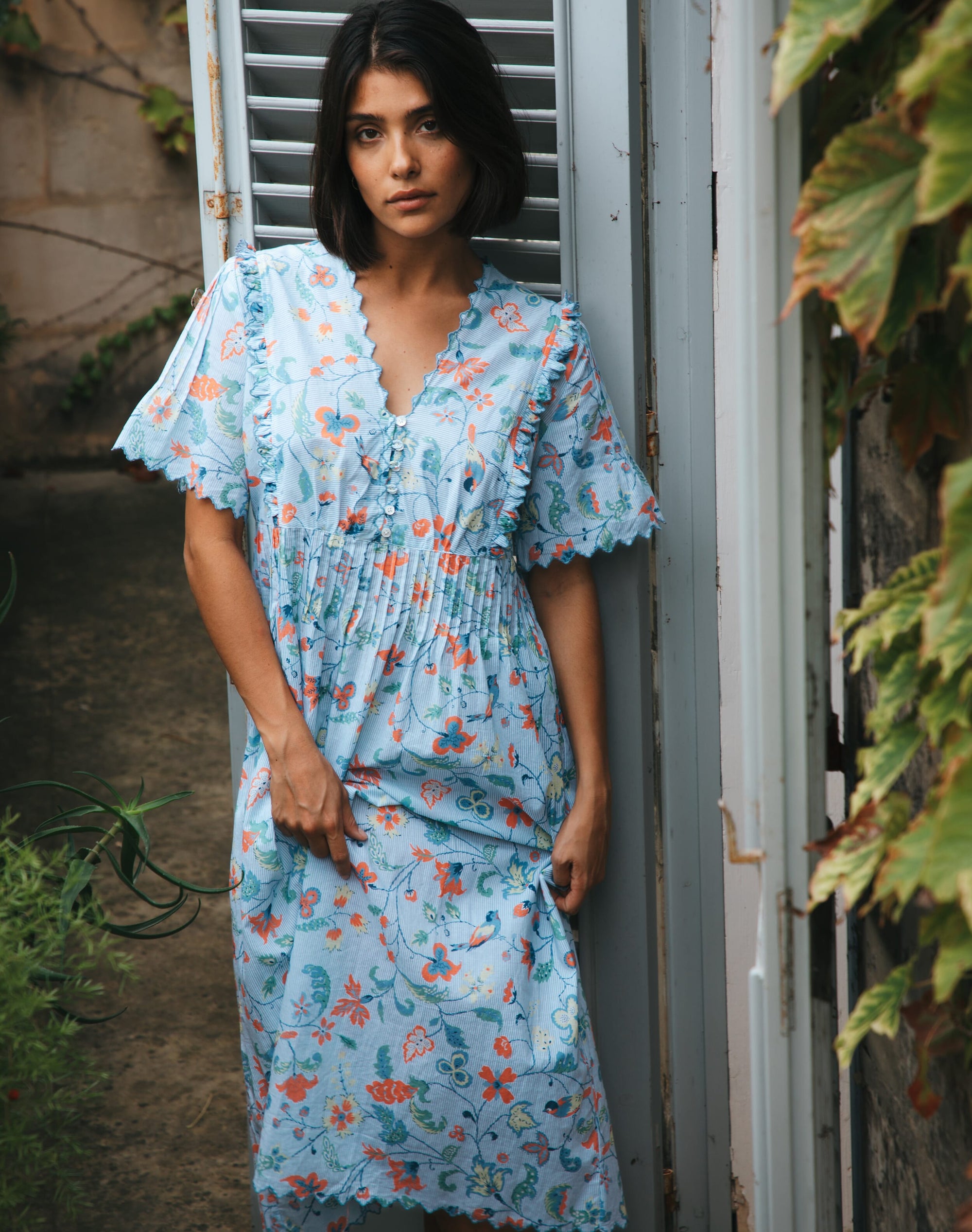 Cotton Stripe Botanical Print Nighty