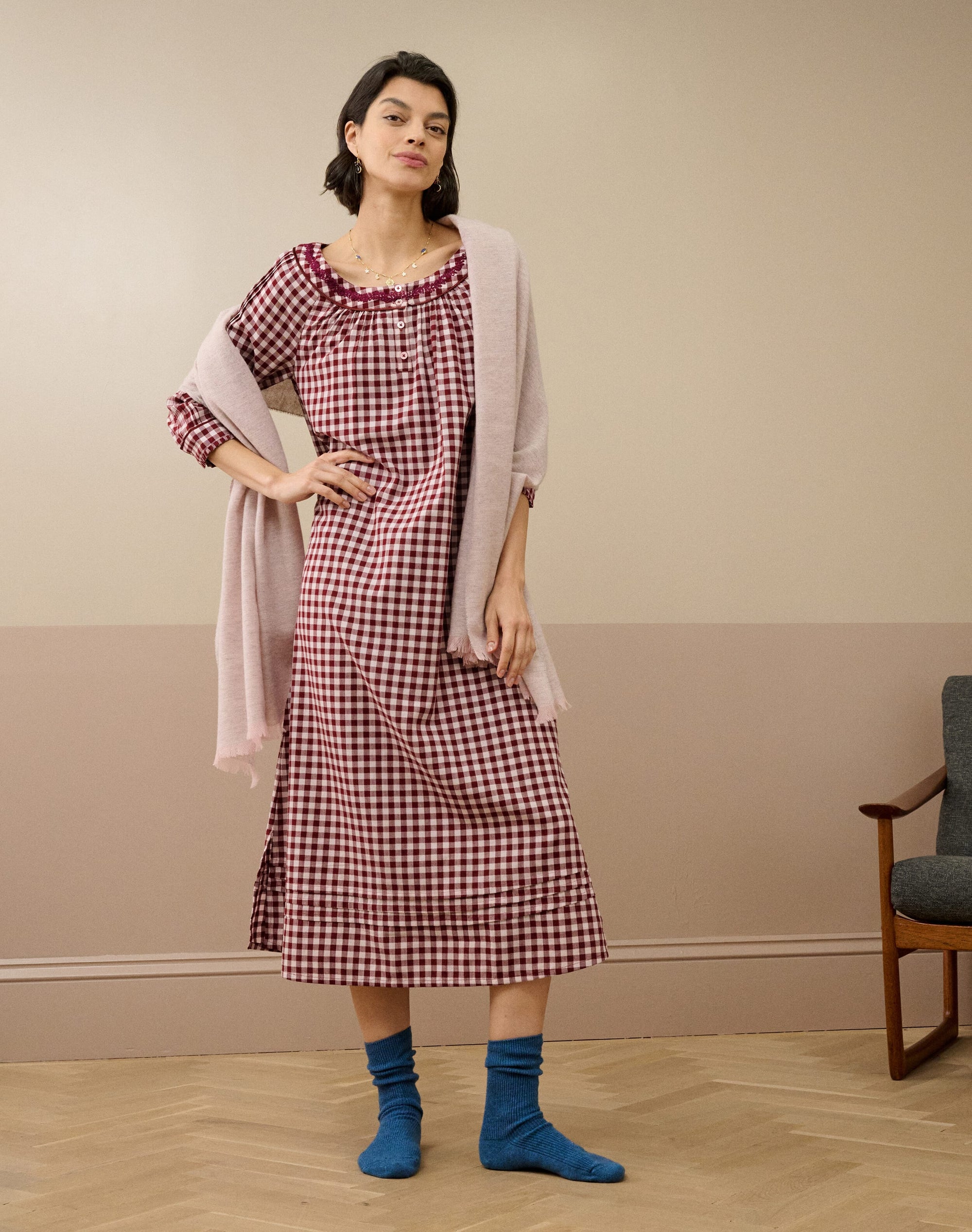 Embroidered Cotton Gingham Nighty