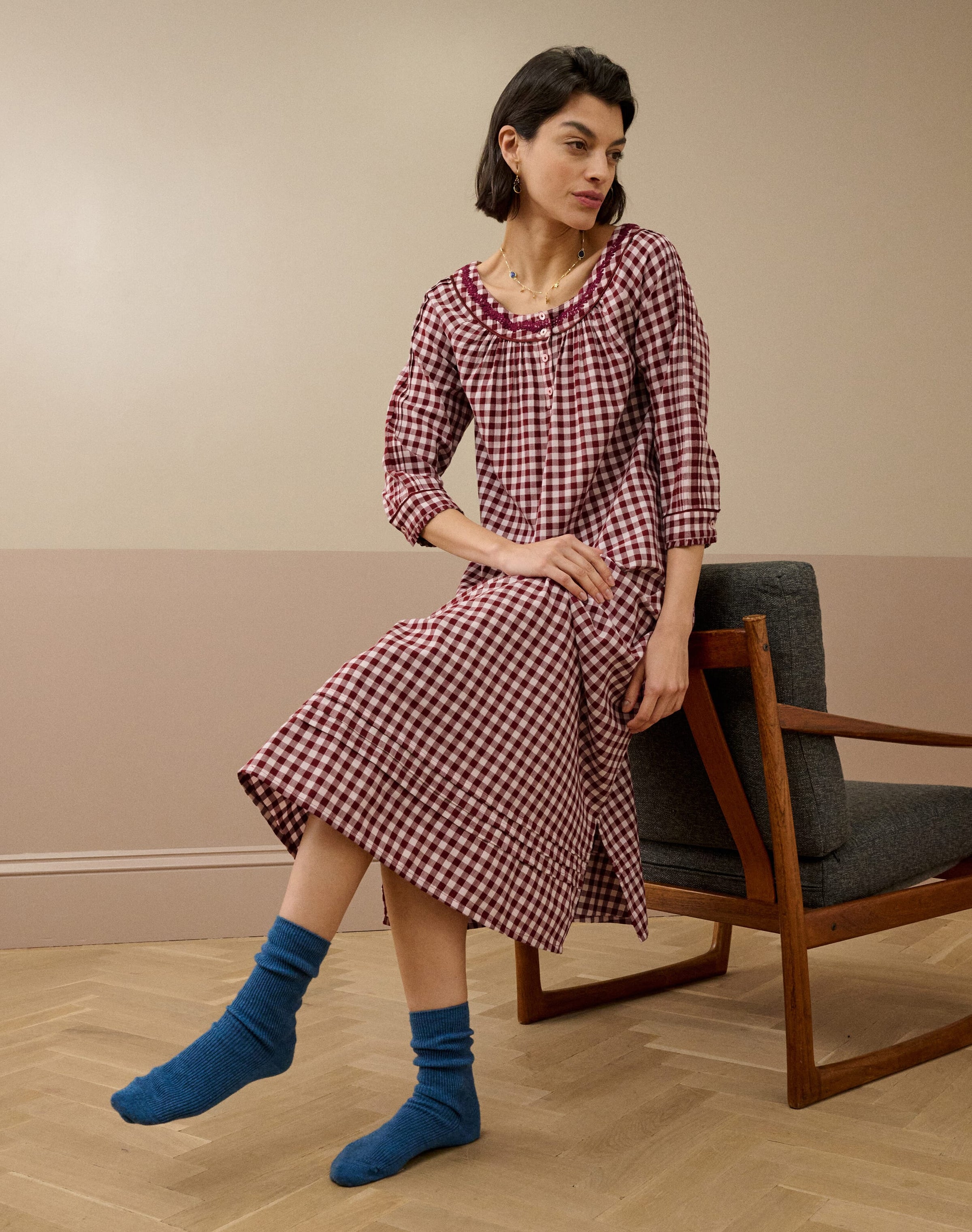 Embroidered Cotton Gingham Nighty