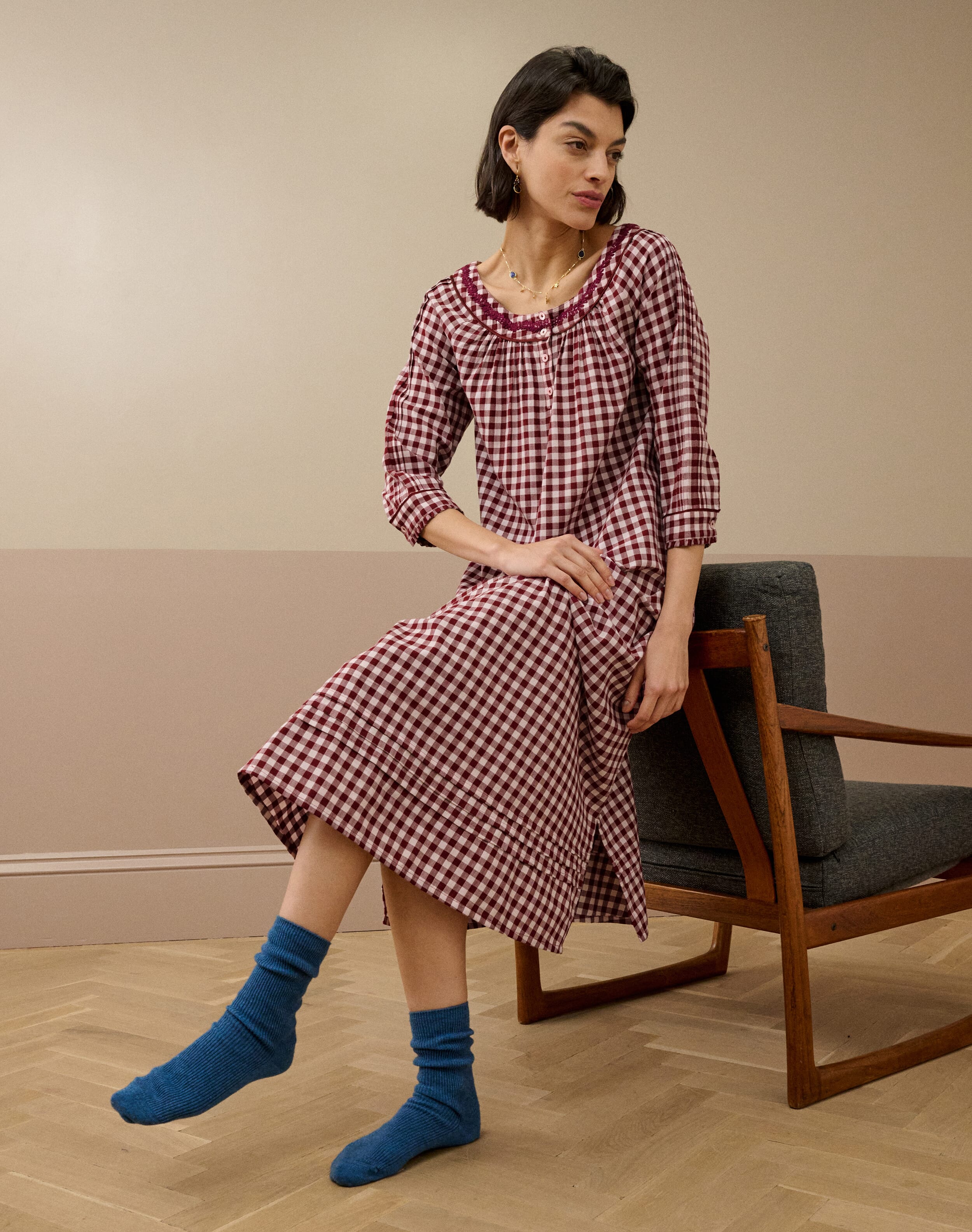 Embroidered Cotton Gingham Nighty