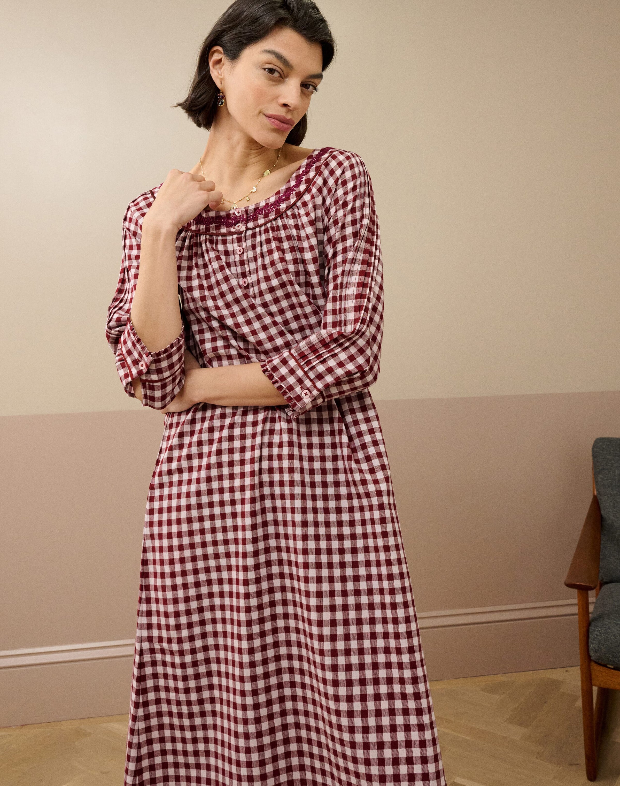 Embroidered Cotton Gingham Nighty