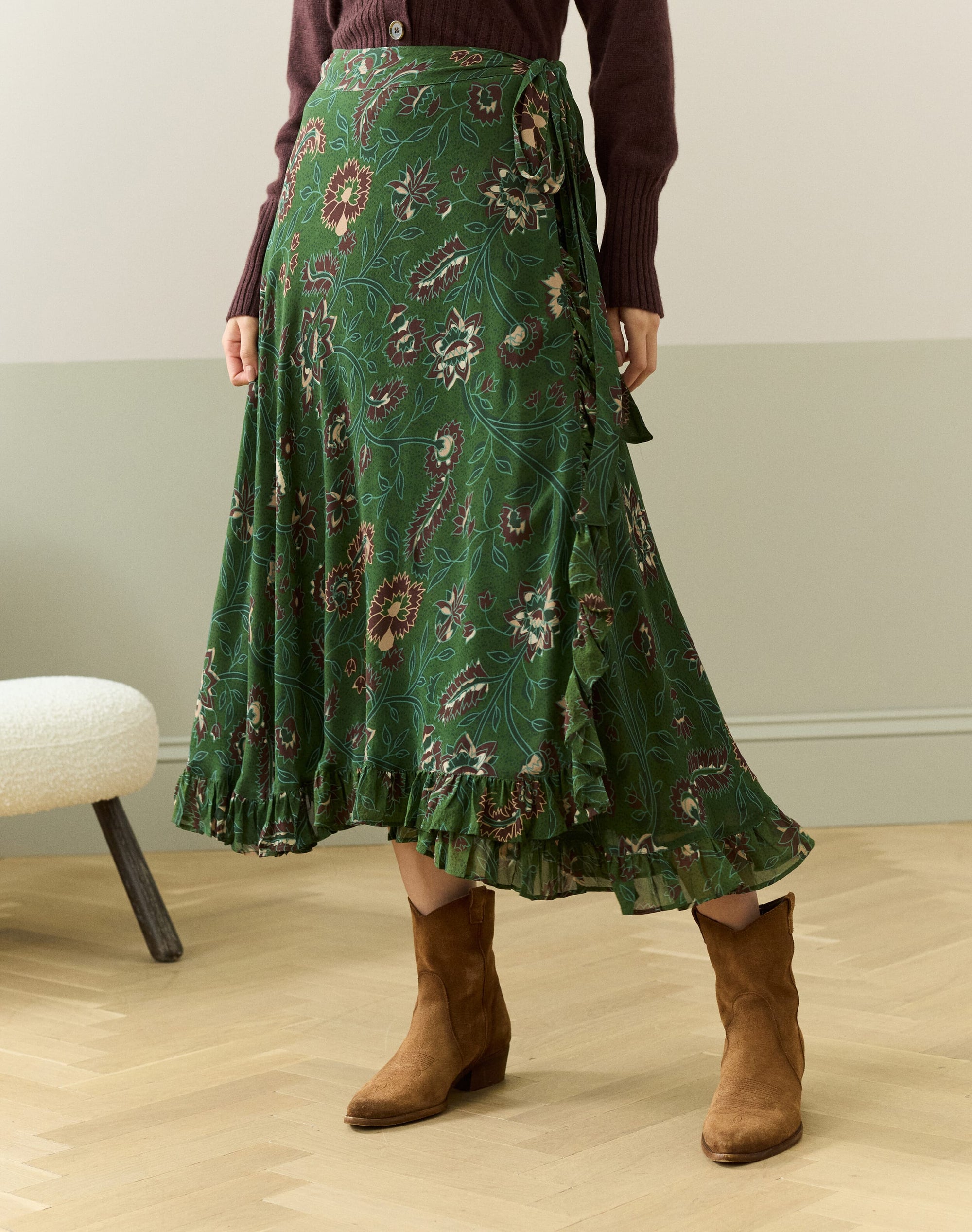 Silk Botanical Print Wrap Skirt