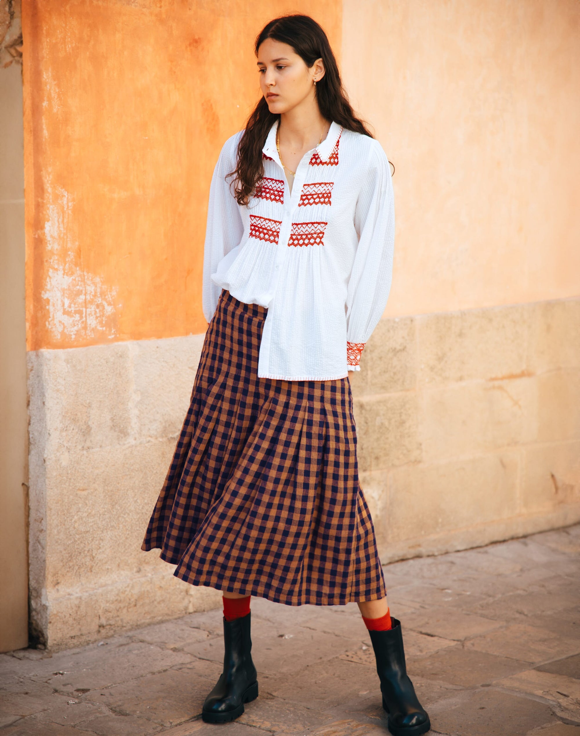 Gingham Linen Pleated Skirt