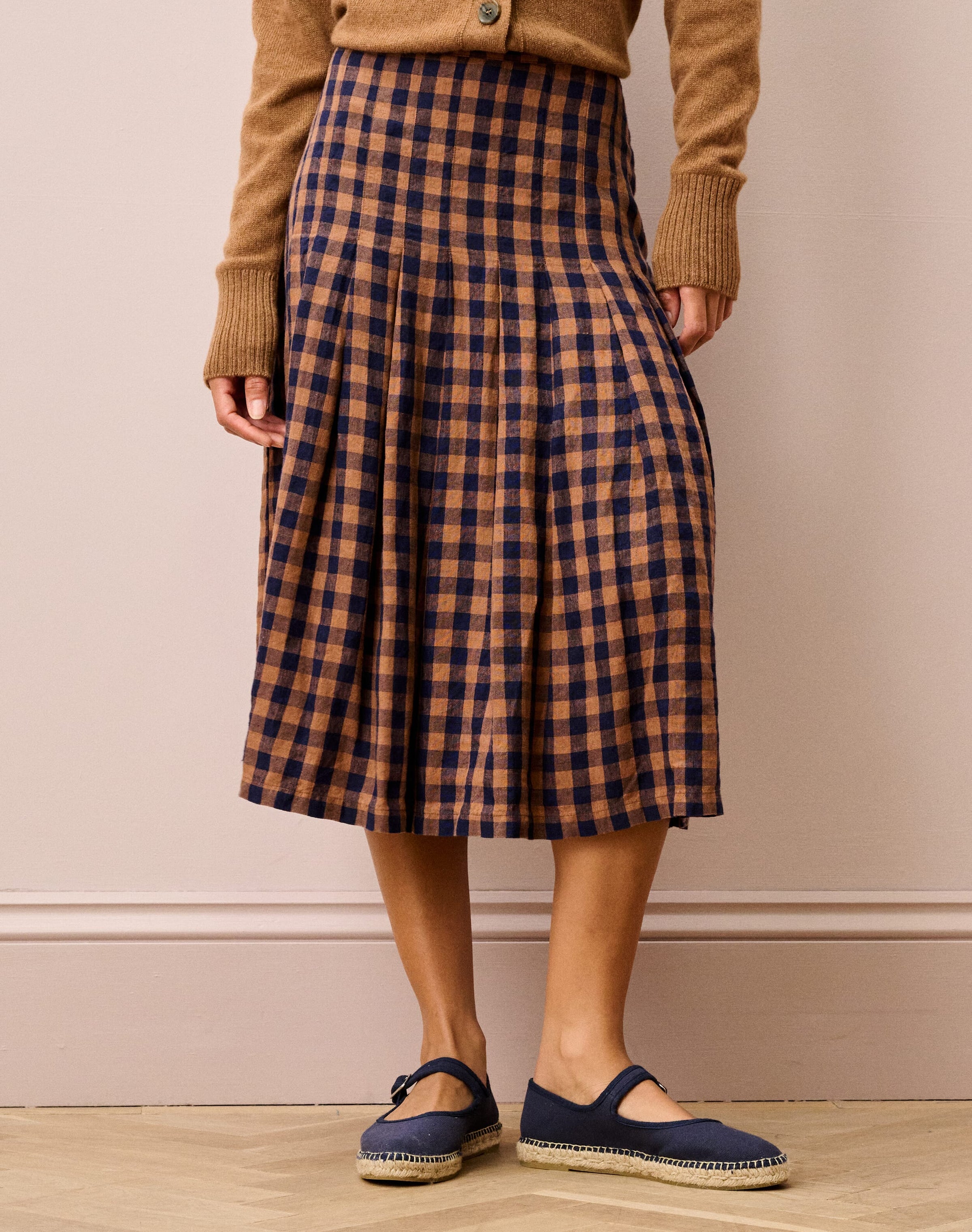 Gingham Linen Pleated Skirt