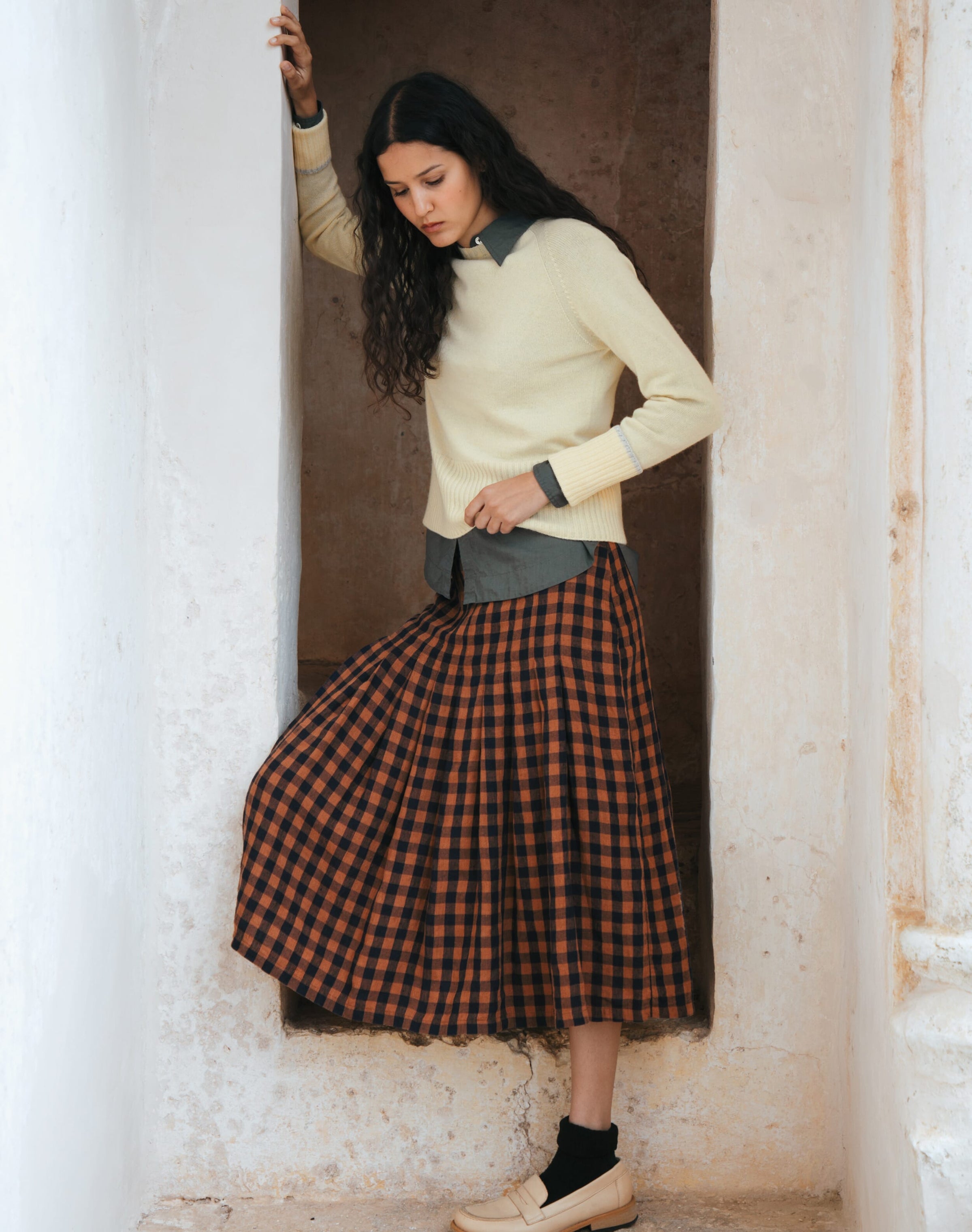 Gingham Linen Pleated Skirt