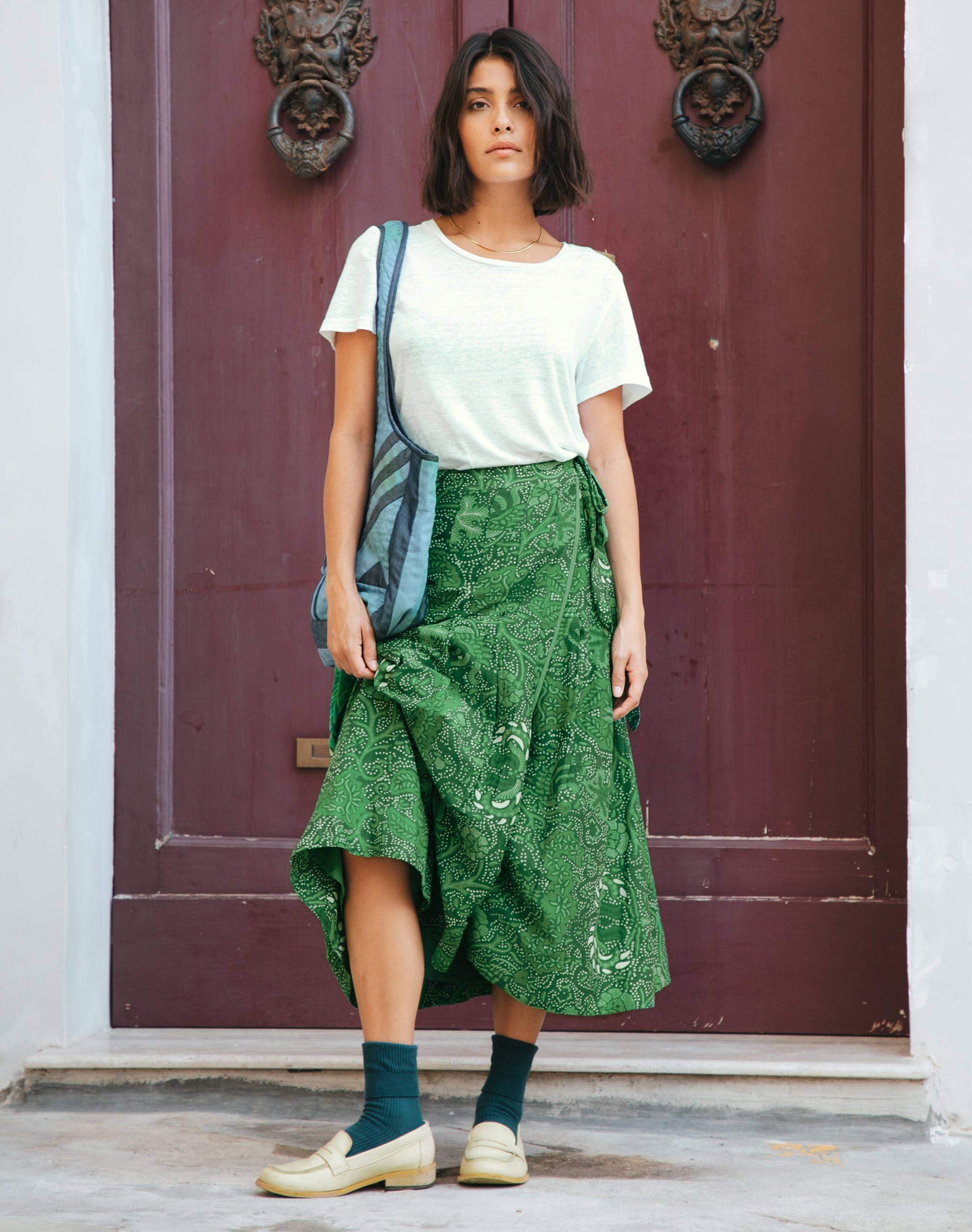 Silk Cotton Pleated Wrap Skirt