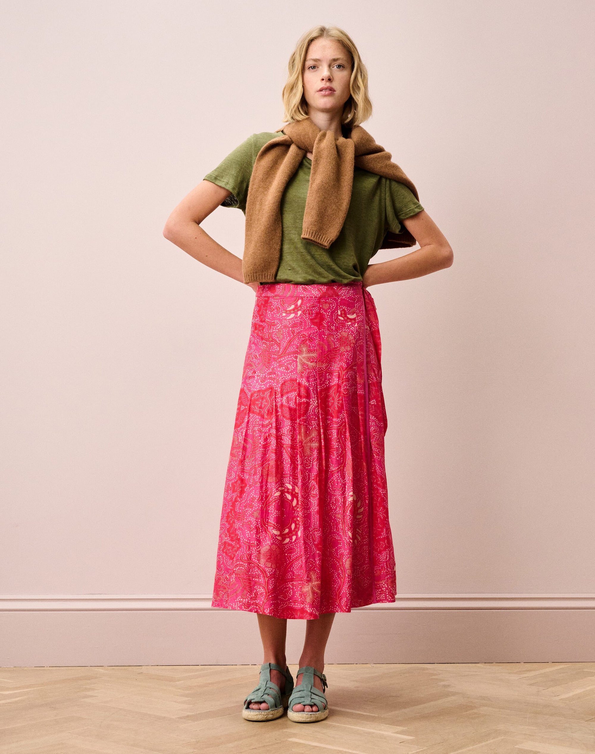Silk Cotton Pleated Wrap Skirt